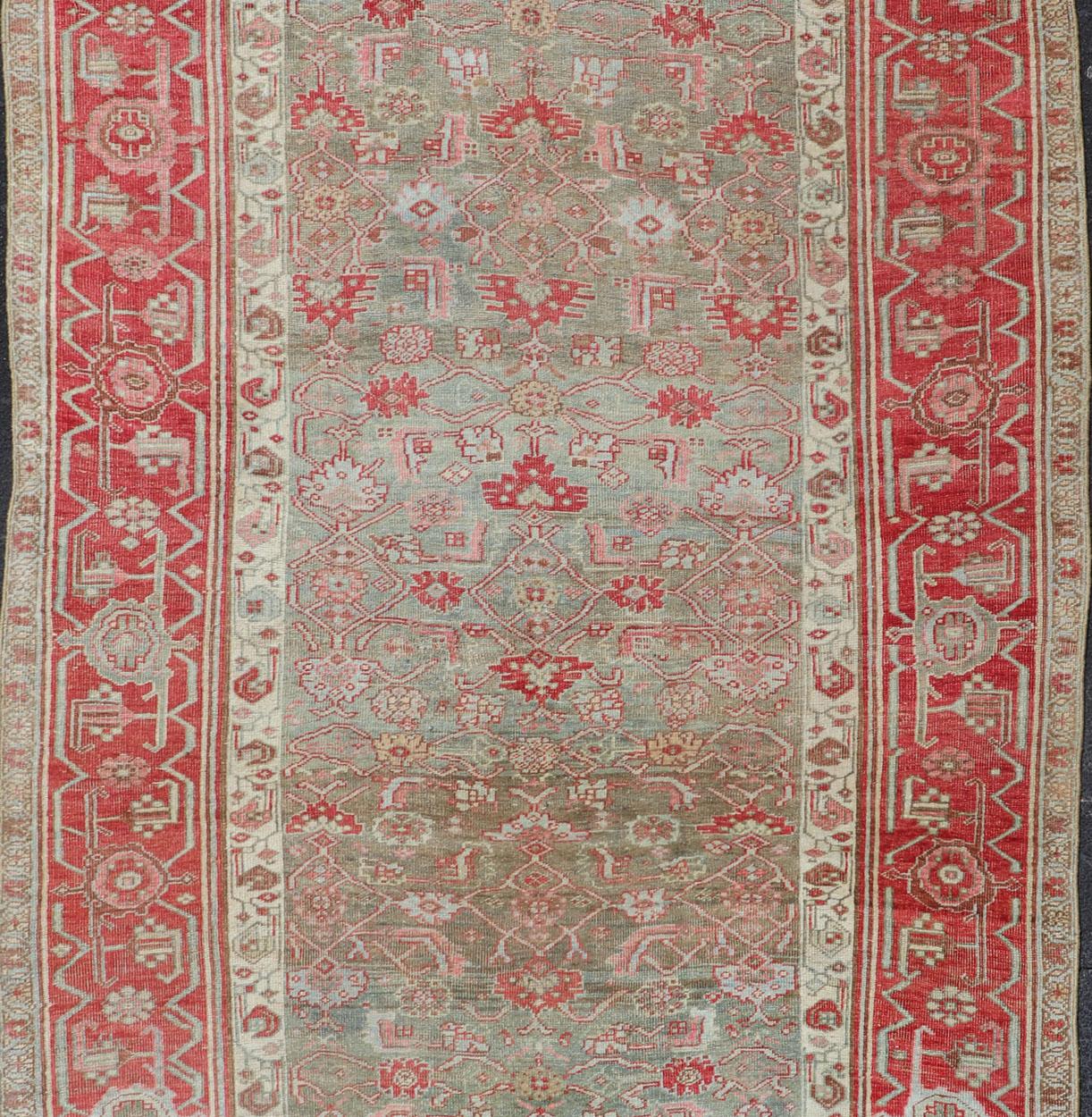 Antique Persian Bidjar Rug with Geometric Herati Design in Light Green and Red For Sale 3