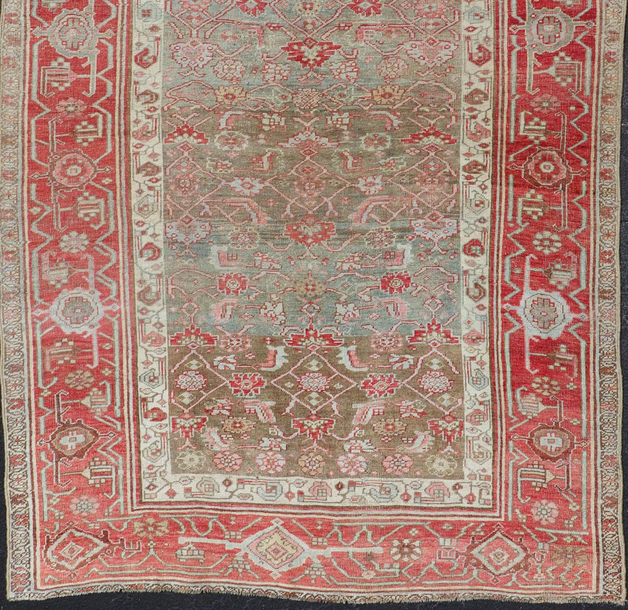 Antique Persian Bidjar Rug with Geometric Herati Design in Light Green and Red For Sale 4