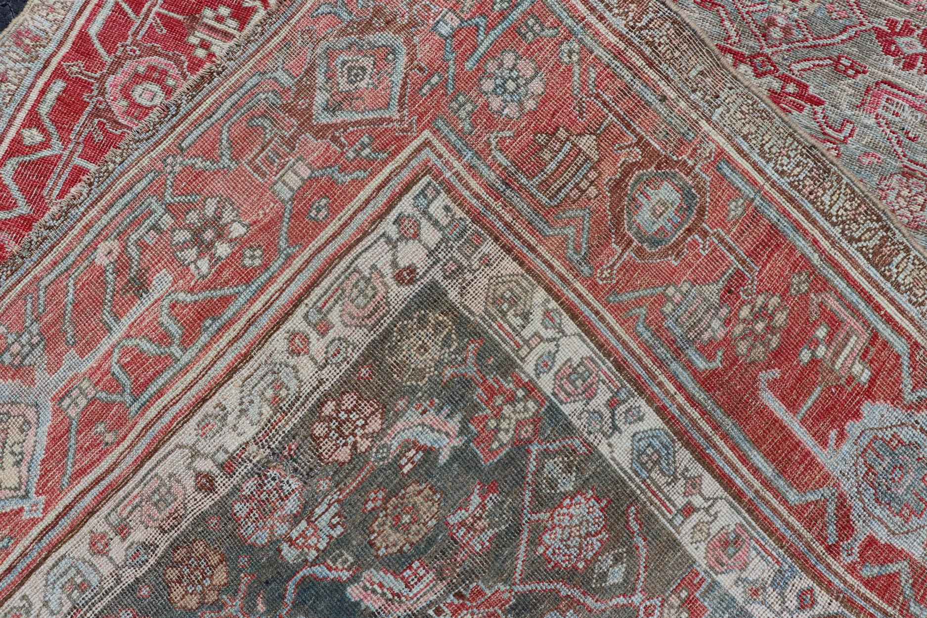 Antique Persian Bidjar Rug with Geometric Herati Design in Light Green and Red For Sale 5