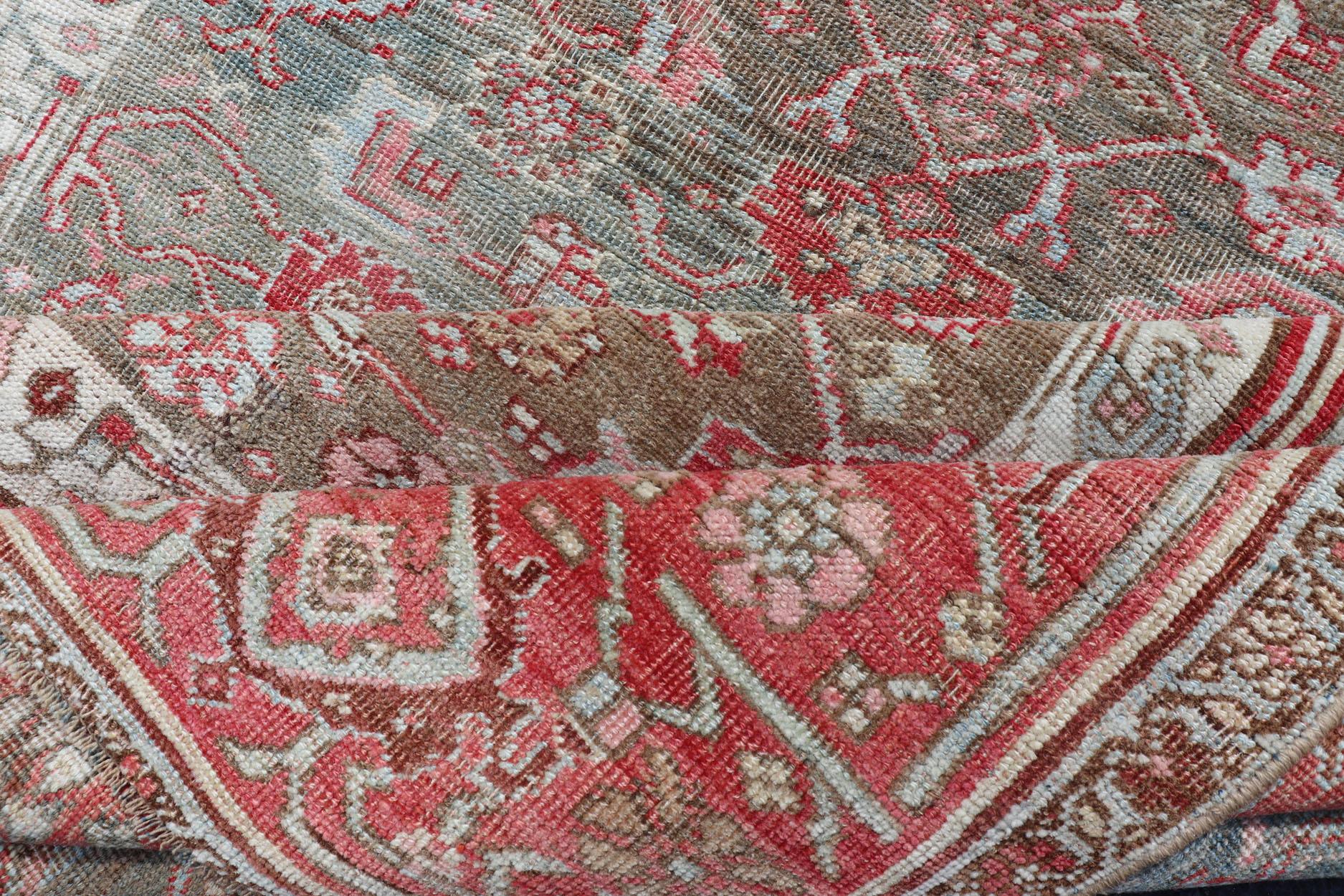 Antique Persian Bidjar Rug with Geometric Herati Design in Light Green and Red For Sale 6