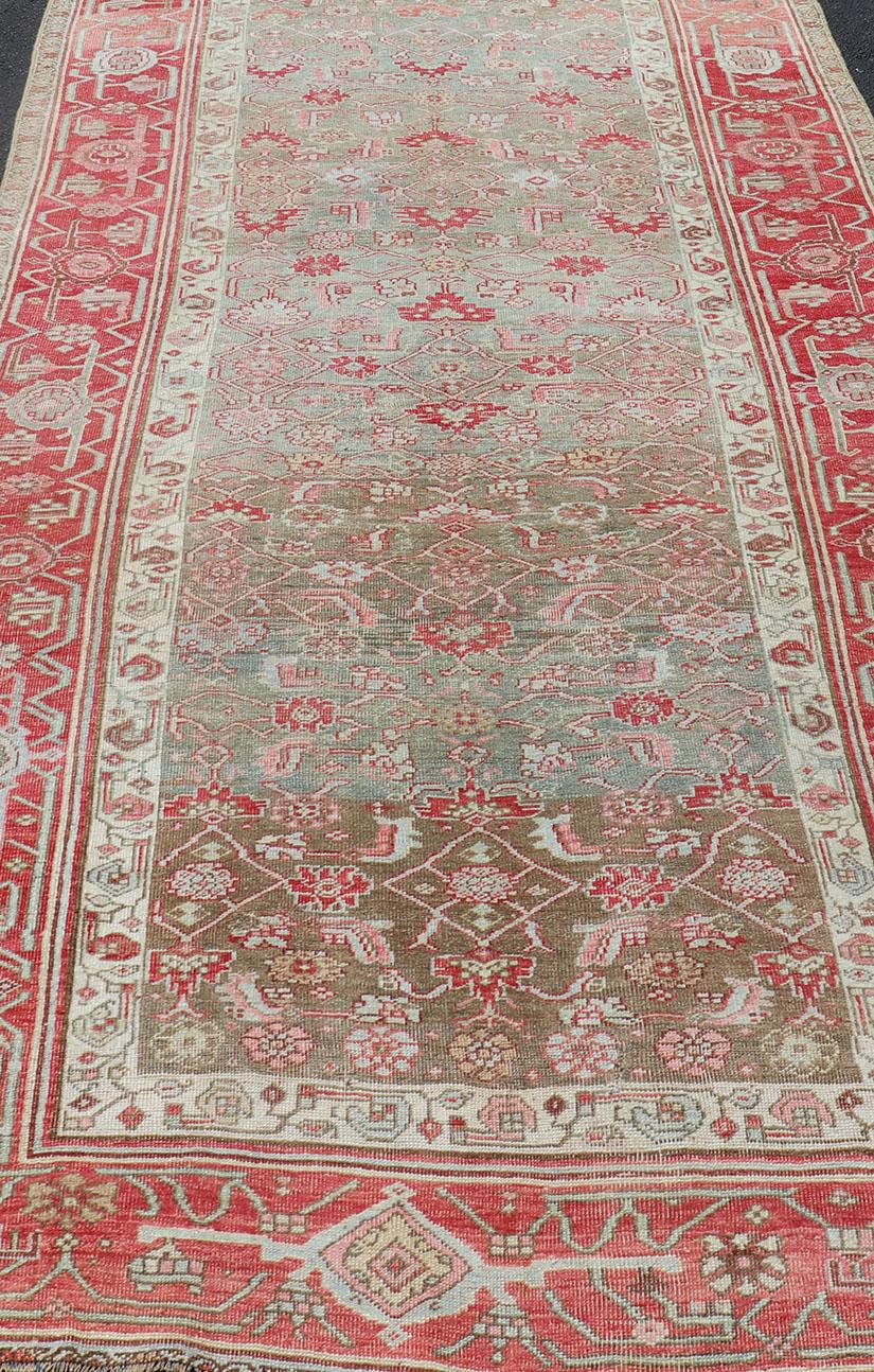 Antique Persian Bidjar Rug with Geometric Herati Design in Light Green and Red For Sale 7