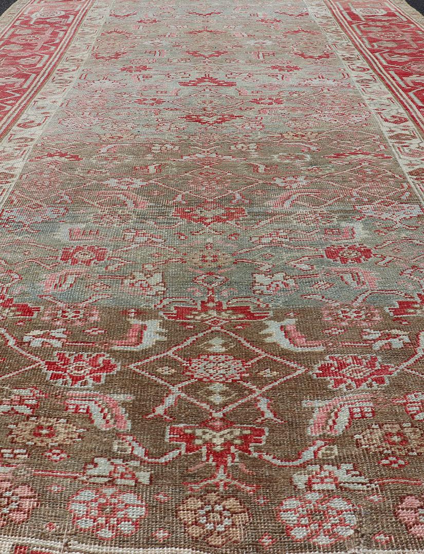 Antique Persian Bidjar Rug with Geometric Herati Design in Light Green and Red For Sale 8