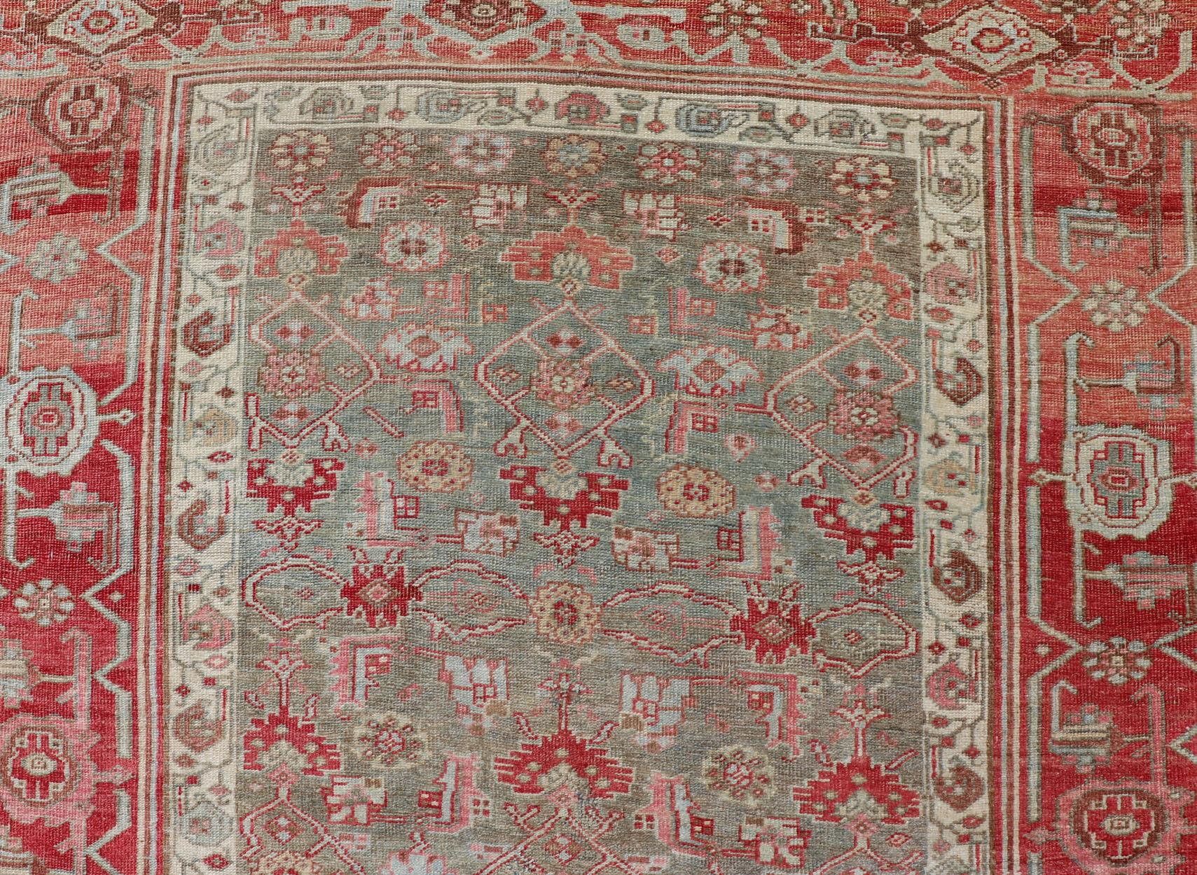 Tabriz Antique Persian Bidjar Rug with Geometric Herati Design in Light Green and Red For Sale