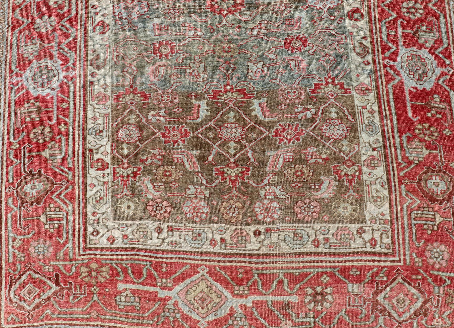 Hand-Knotted Antique Persian Bidjar Rug with Geometric Herati Design in Light Green and Red For Sale