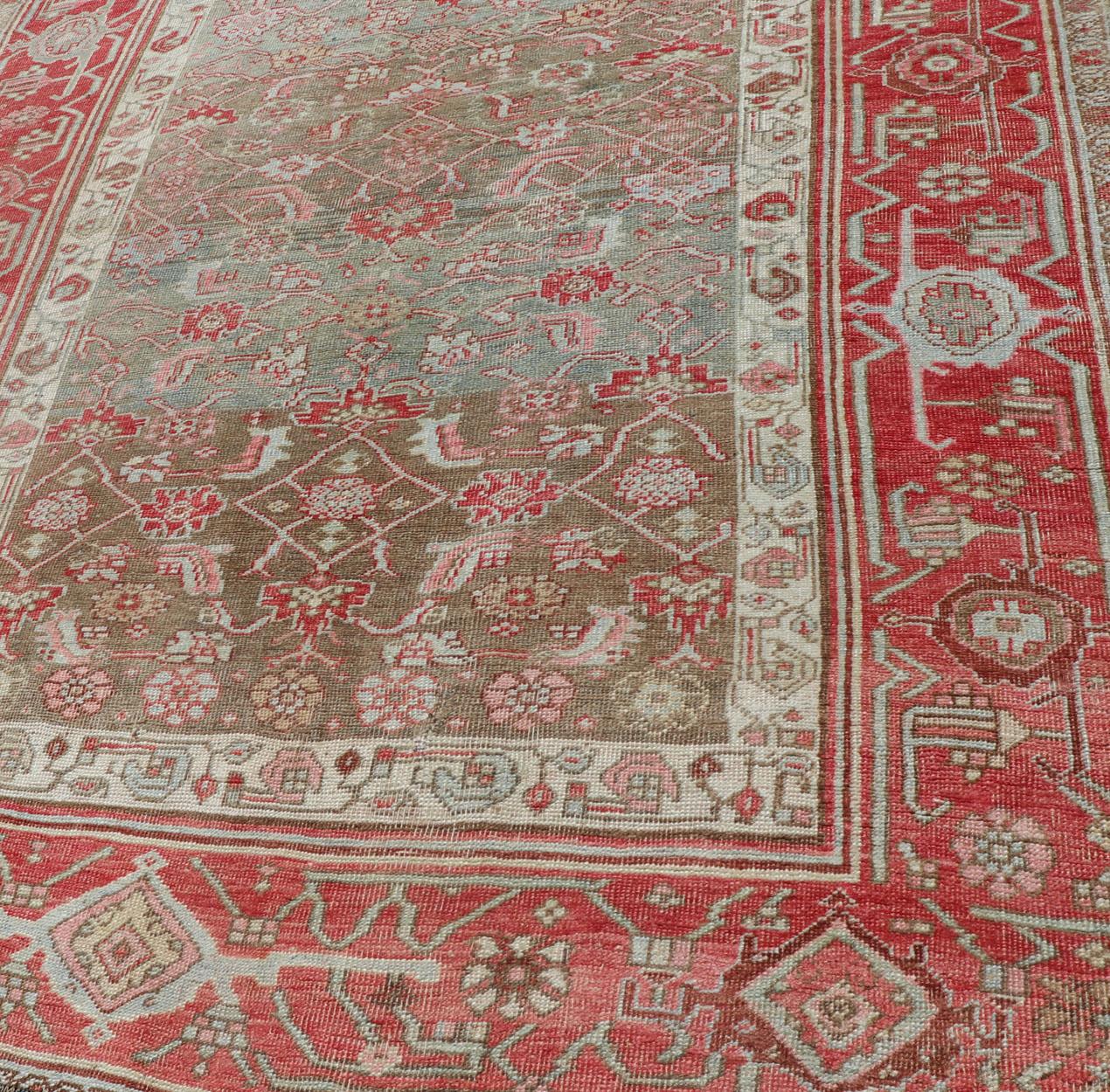 Late 19th Century Antique Persian Bidjar Rug with Geometric Herati Design in Light Green and Red For Sale