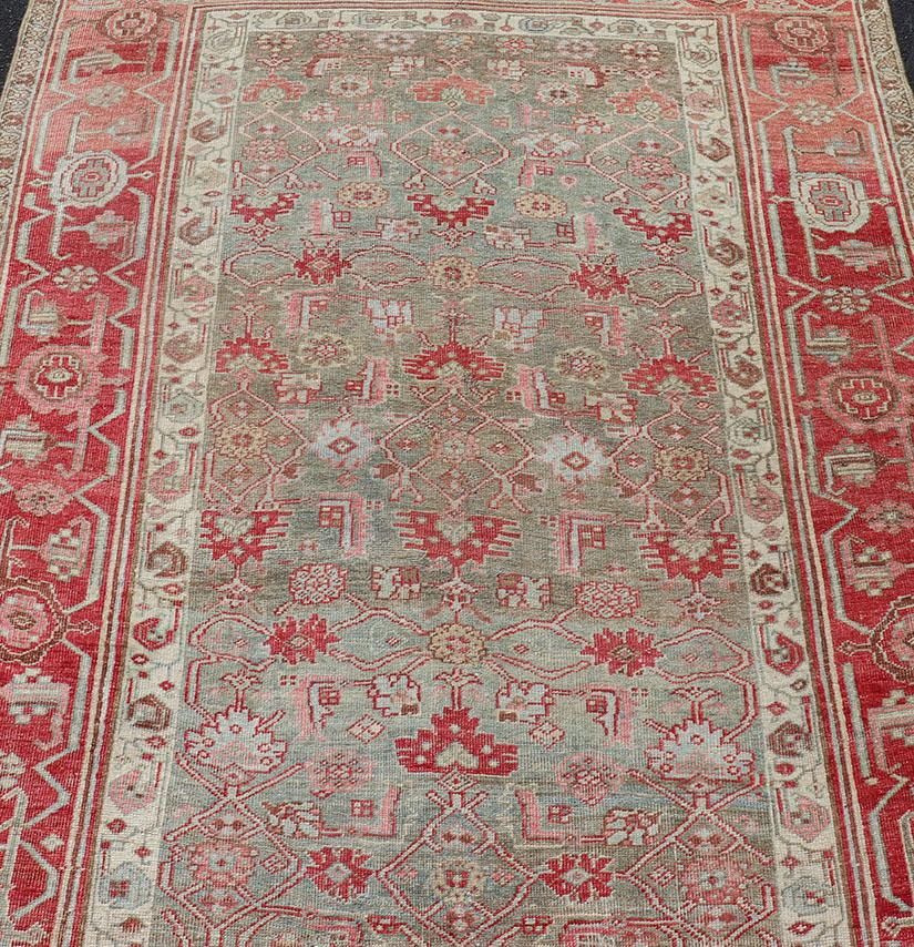 Wool Antique Persian Bidjar Rug with Geometric Herati Design in Light Green and Red For Sale