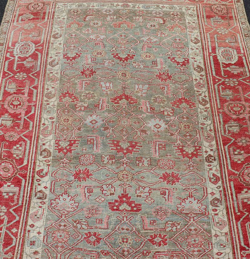 Fin du XIXe siècle Tapis persan ancien Bidjar avec motif géométrique Herati en vert clair et rouge en vente