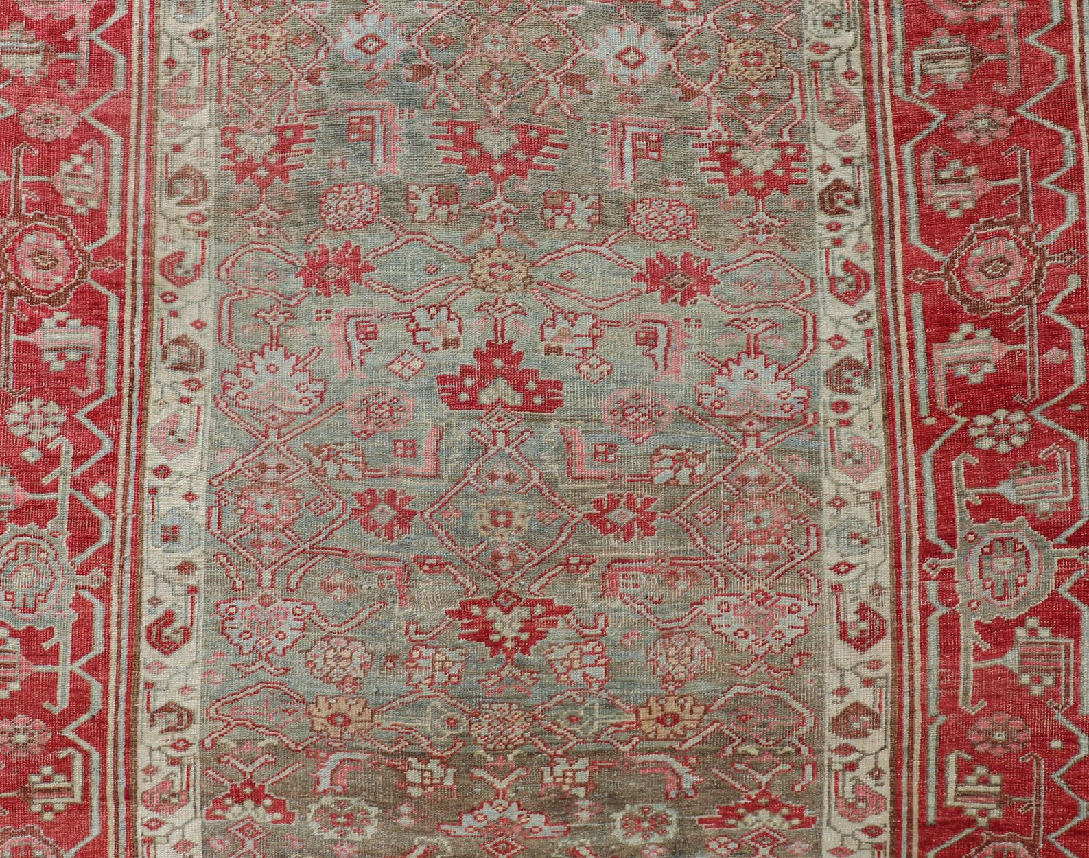 Antique Persian Bidjar Rug with Geometric Herati Design in Light Green and Red For Sale 1