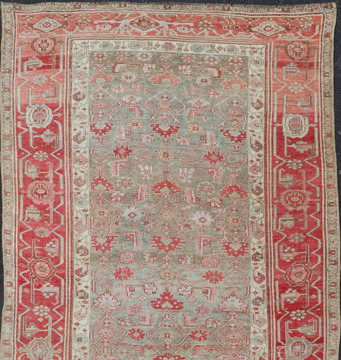 Antique Persian Bidjar Rug with Geometric Herati Design in Light Green and Red For Sale 2