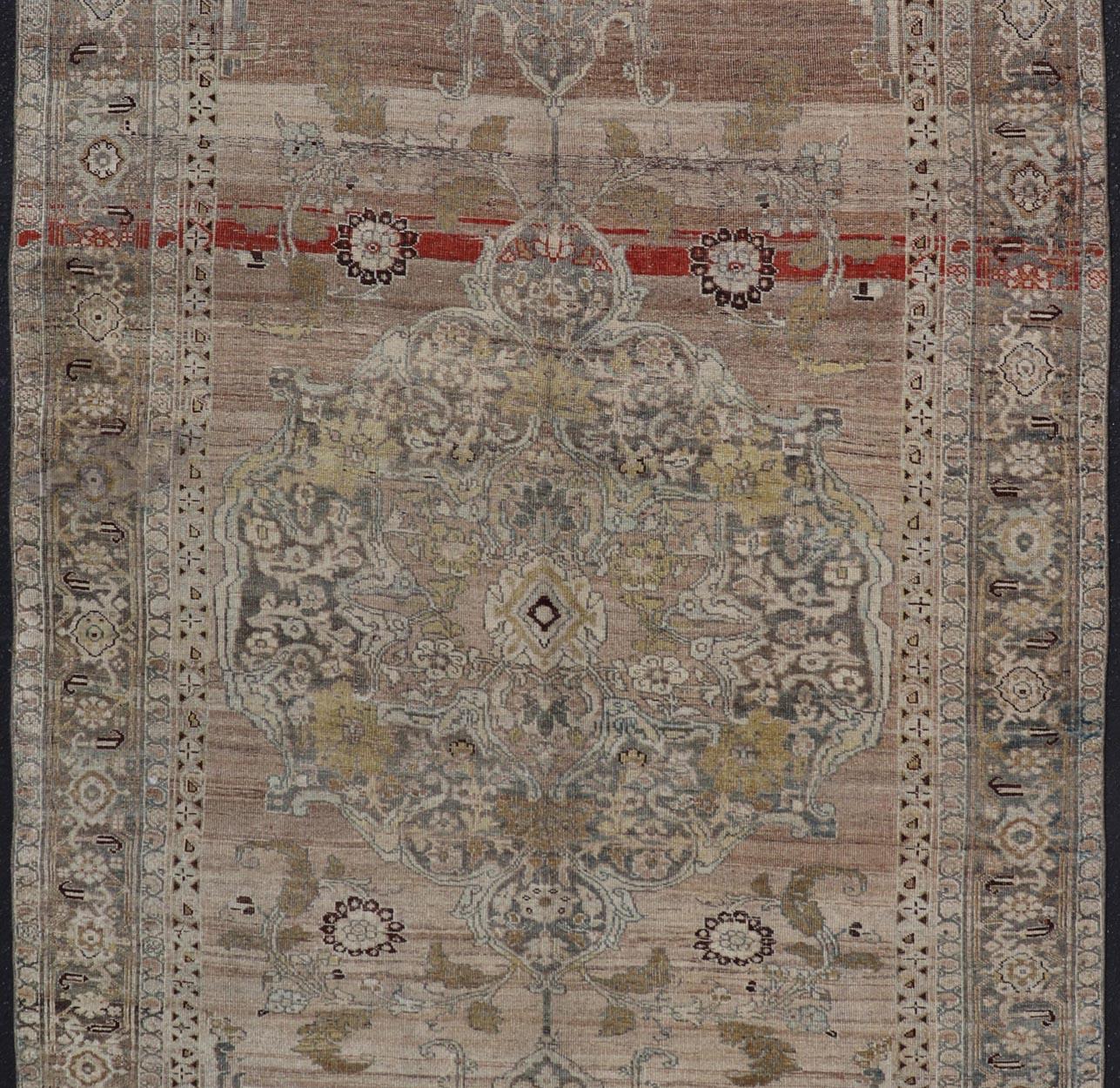 Wool  Antique Persian Bidjar Rug with Large Floral Medallion and Vining Floral