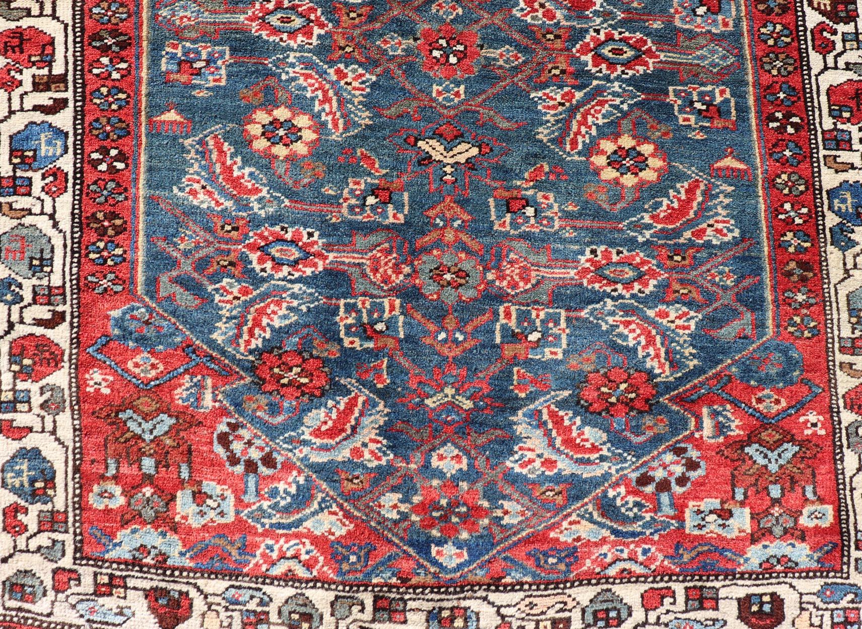 Antique Persian Bidjar Rug with Large Floral Motifs in Blue, Red, and Ivory For Sale 3