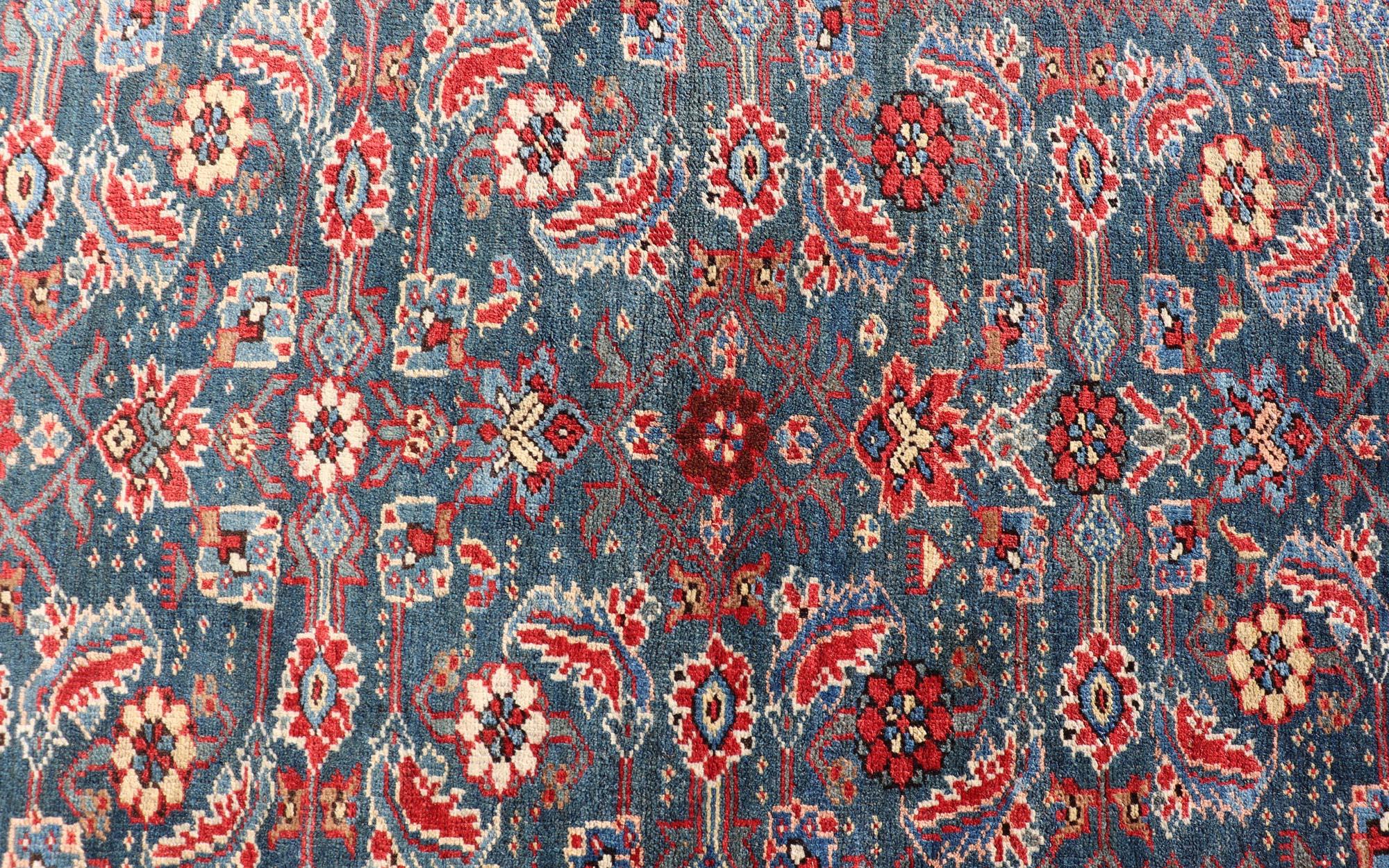 Antique Persian Bidjar Rug with Large Floral Motifs in Blue, Red, and Ivory For Sale 4