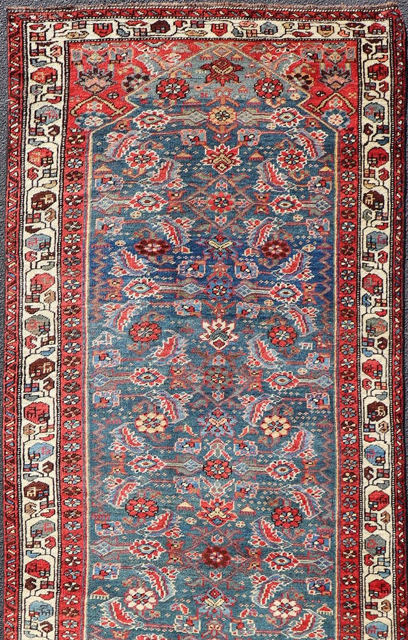 Antique Persian Bidjar Rug with Large Floral Motifs in Blue, Red, and Ivory For Sale 5