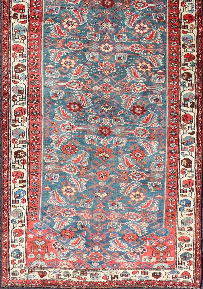 Tabriz Antique Persian Bidjar Rug with Large Floral Motifs in Blue, Red, and Ivory For Sale