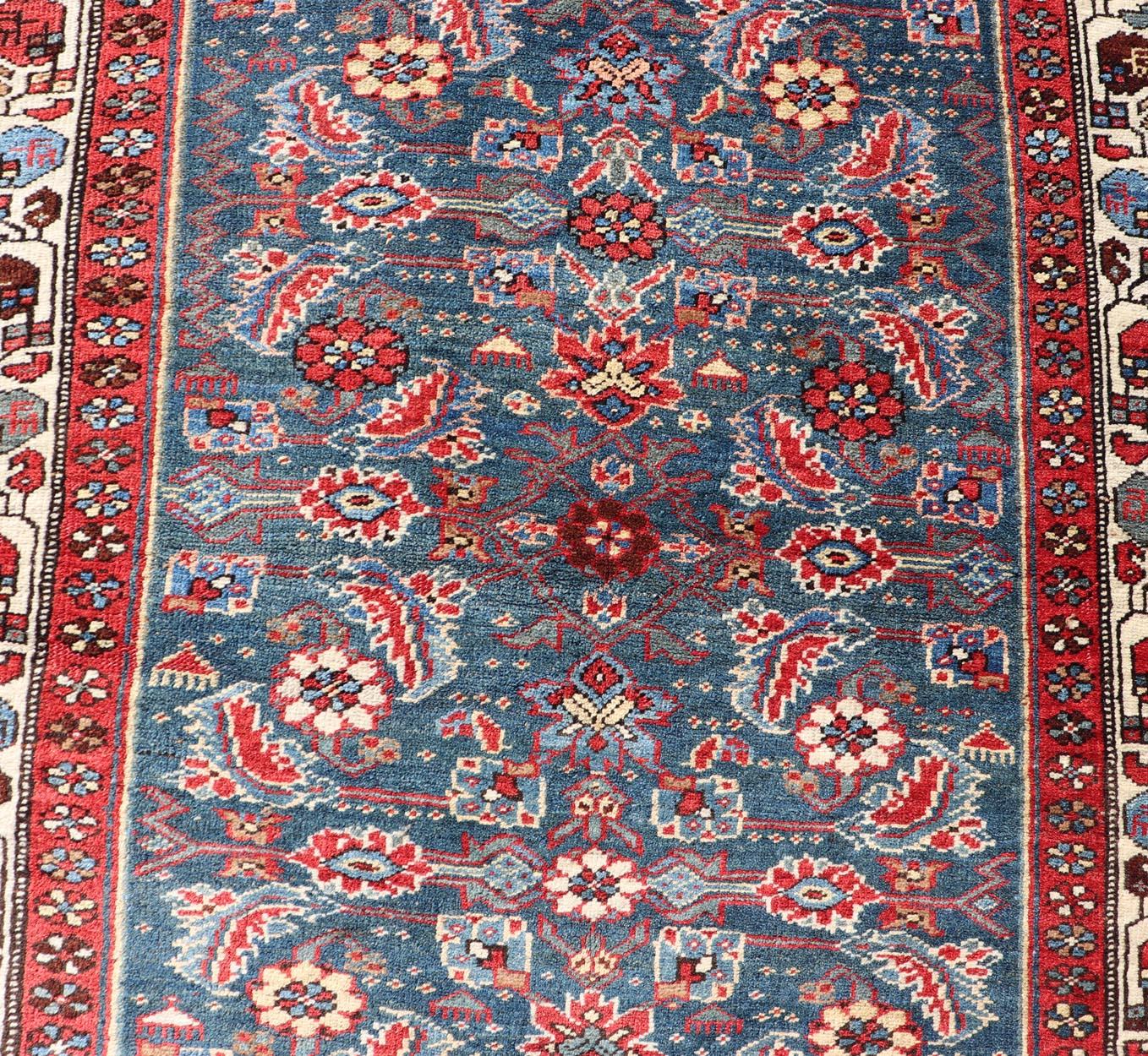 Antique Persian Bidjar Rug with Large Floral Motifs in Blue, Red, and Ivory For Sale 1