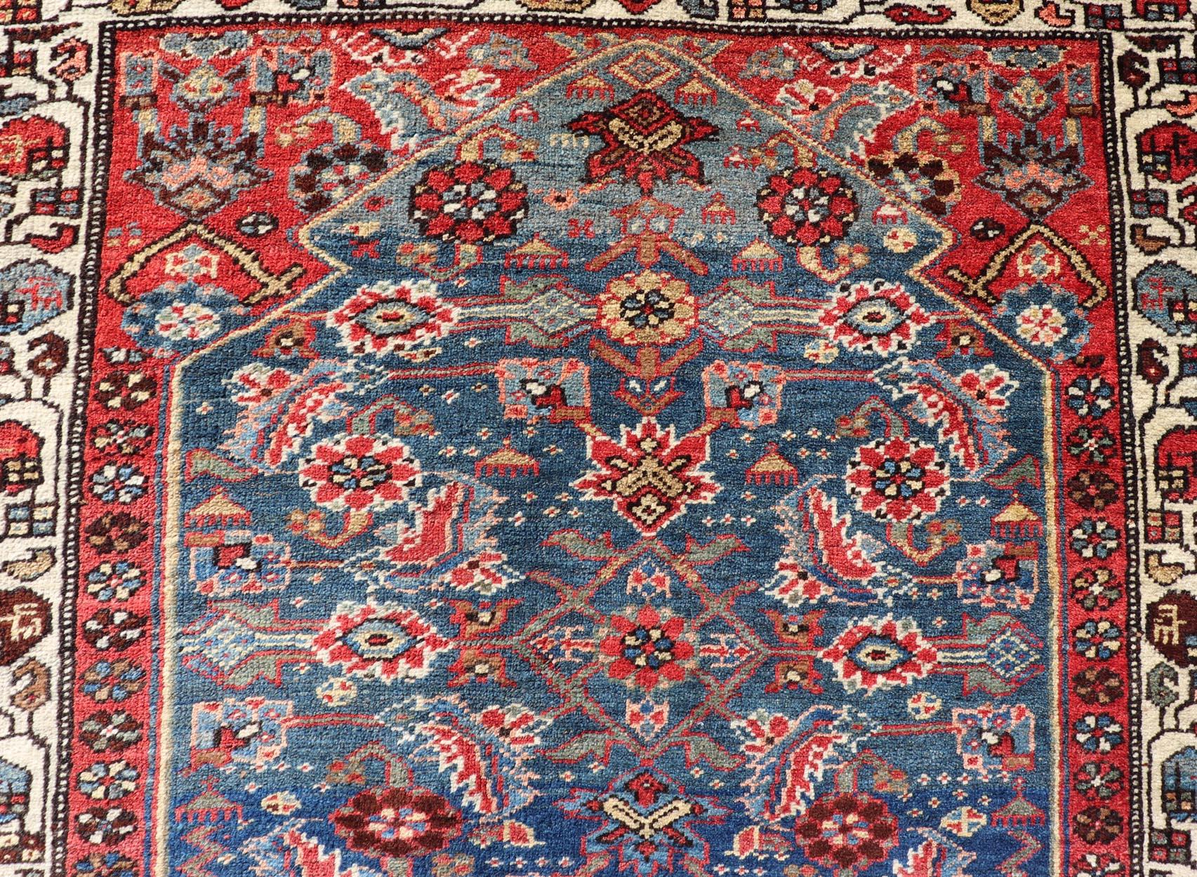 Antique Persian Bidjar Rug with Large Floral Motifs in Blue, Red, and Ivory For Sale 2