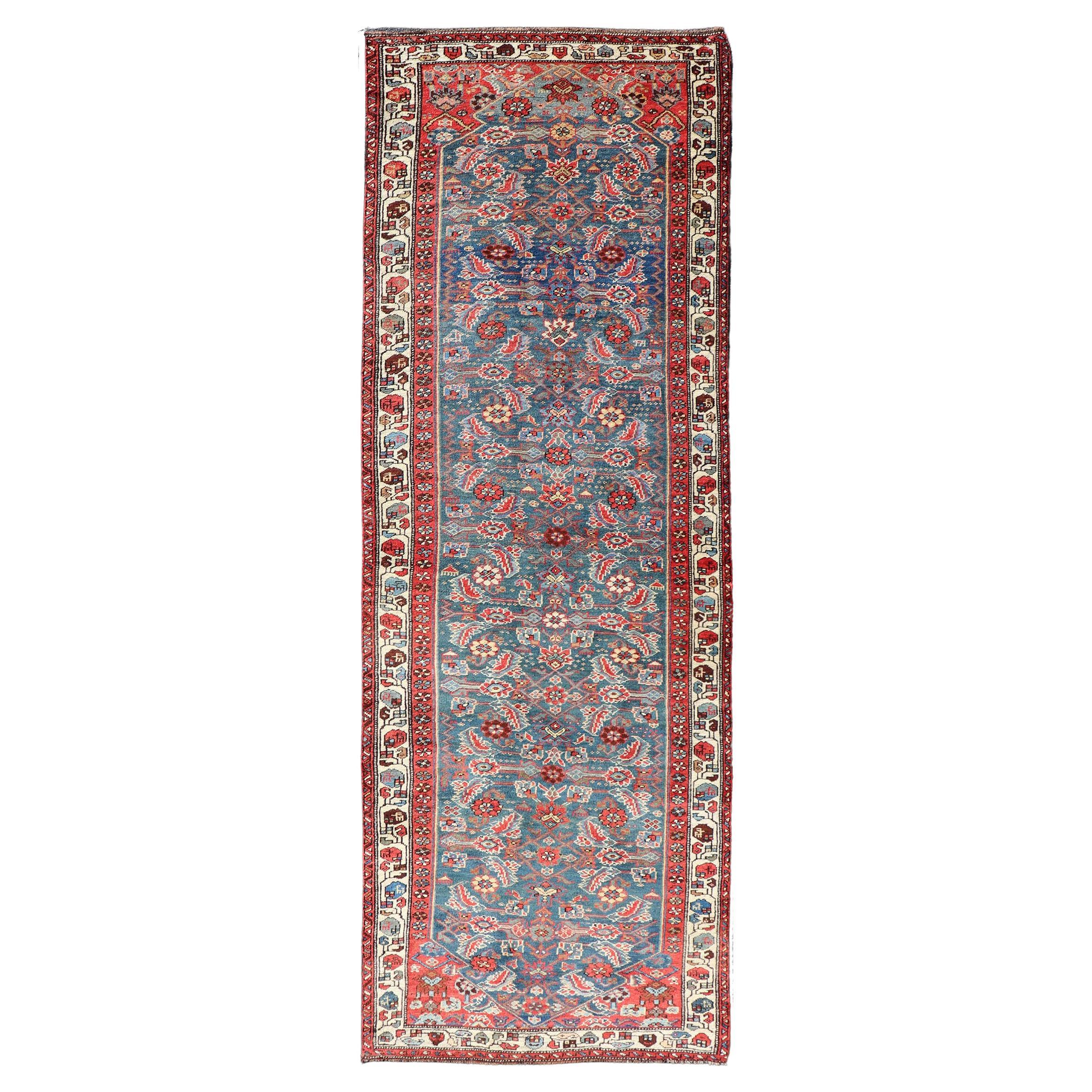Antique Persian Bidjar Rug with Large Floral Motifs in Blue, Red, and Ivory