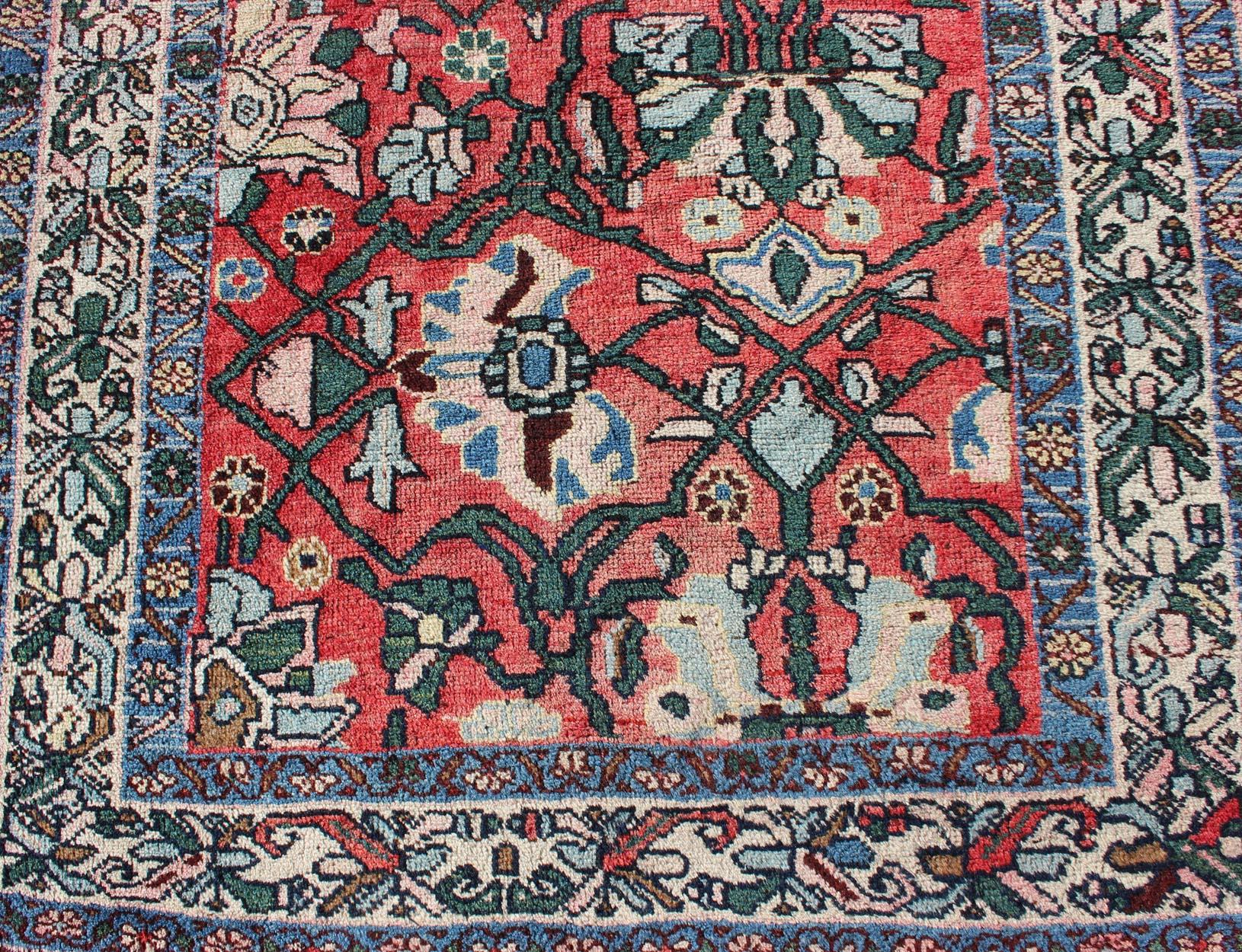 Antique Persian Bidjar Rug with Large Floral Motifs in Soft Red, Green & Blue For Sale 3