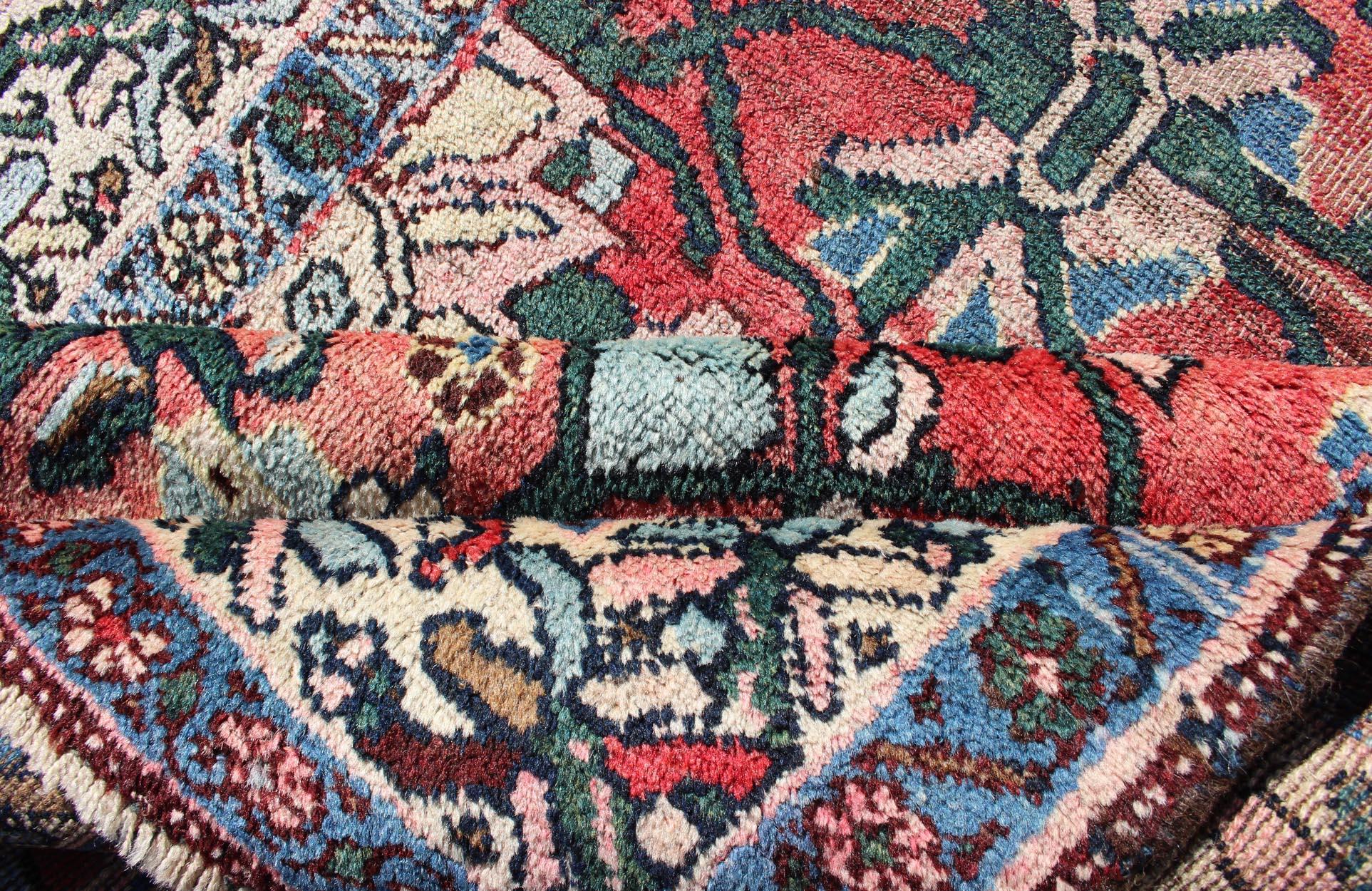 Antique Persian Bidjar Rug with Large Floral Motifs in Soft Red, Green & Blue For Sale 4