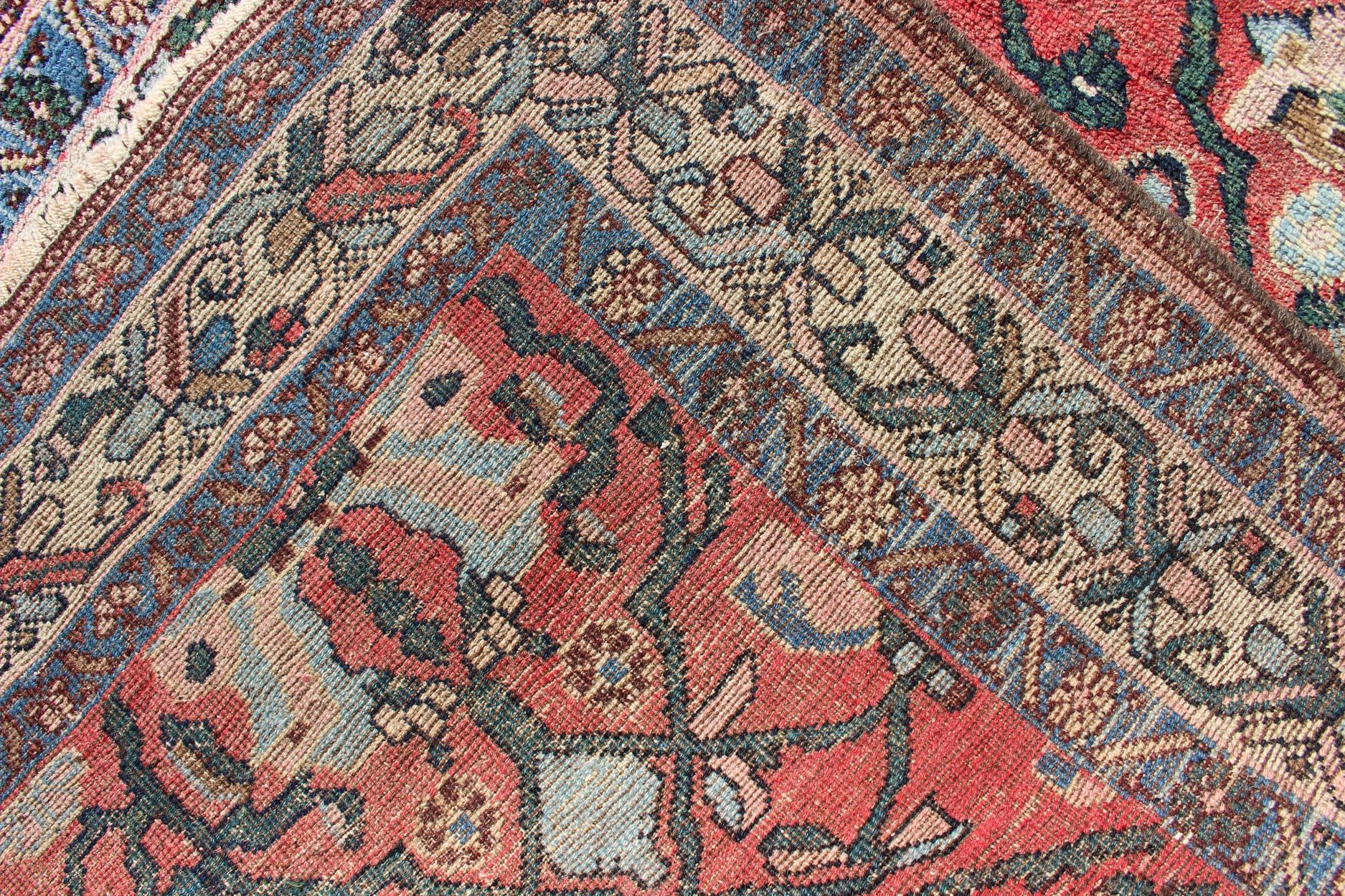 Antique Persian Bidjar Rug with Large Floral Motifs in Soft Red, Green & Blue For Sale 5