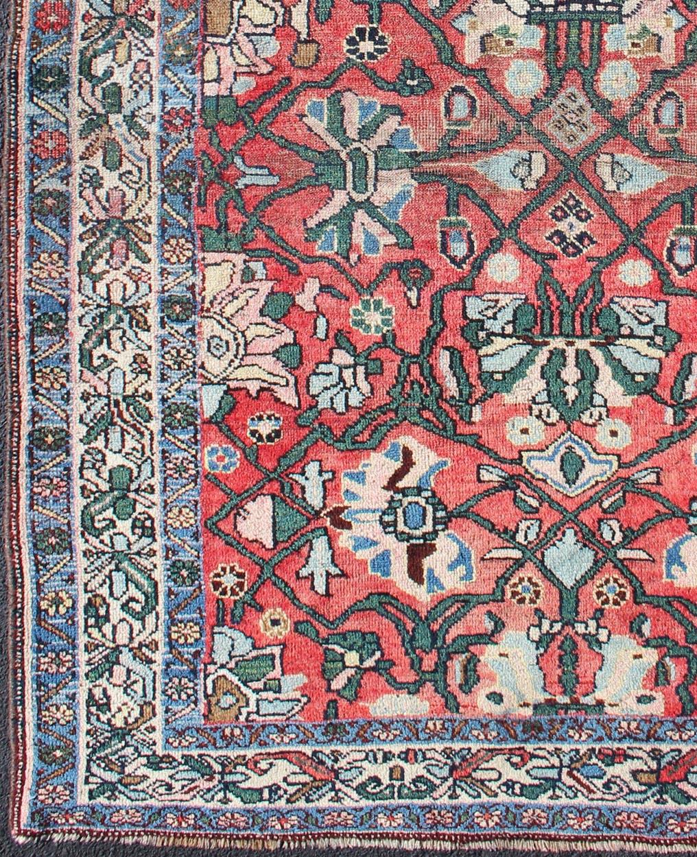 Tribal Antique Persian Bidjar Rug with Large Floral Motifs in Soft Red, Green & Blue For Sale