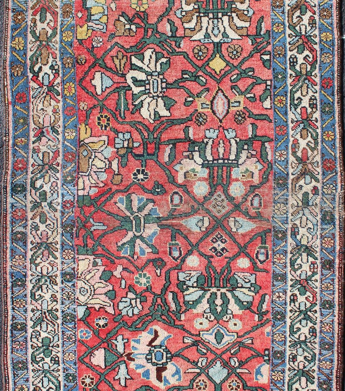 Hand-Knotted Antique Persian Bidjar Rug with Large Floral Motifs in Soft Red, Green & Blue For Sale
