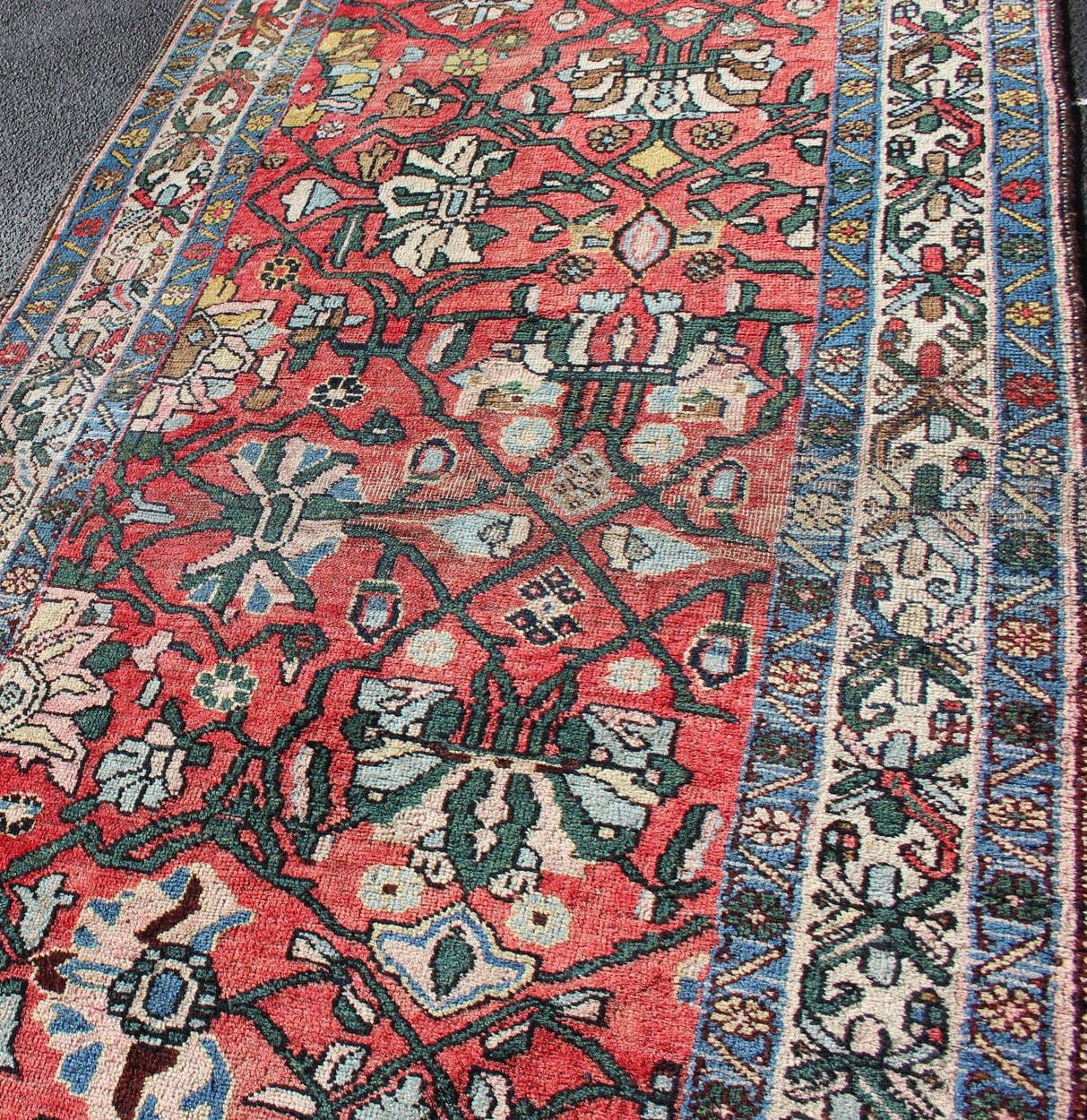 Antique Persian Bidjar Rug with Large Floral Motifs in Soft Red, Green & Blue In Good Condition For Sale In Atlanta, GA