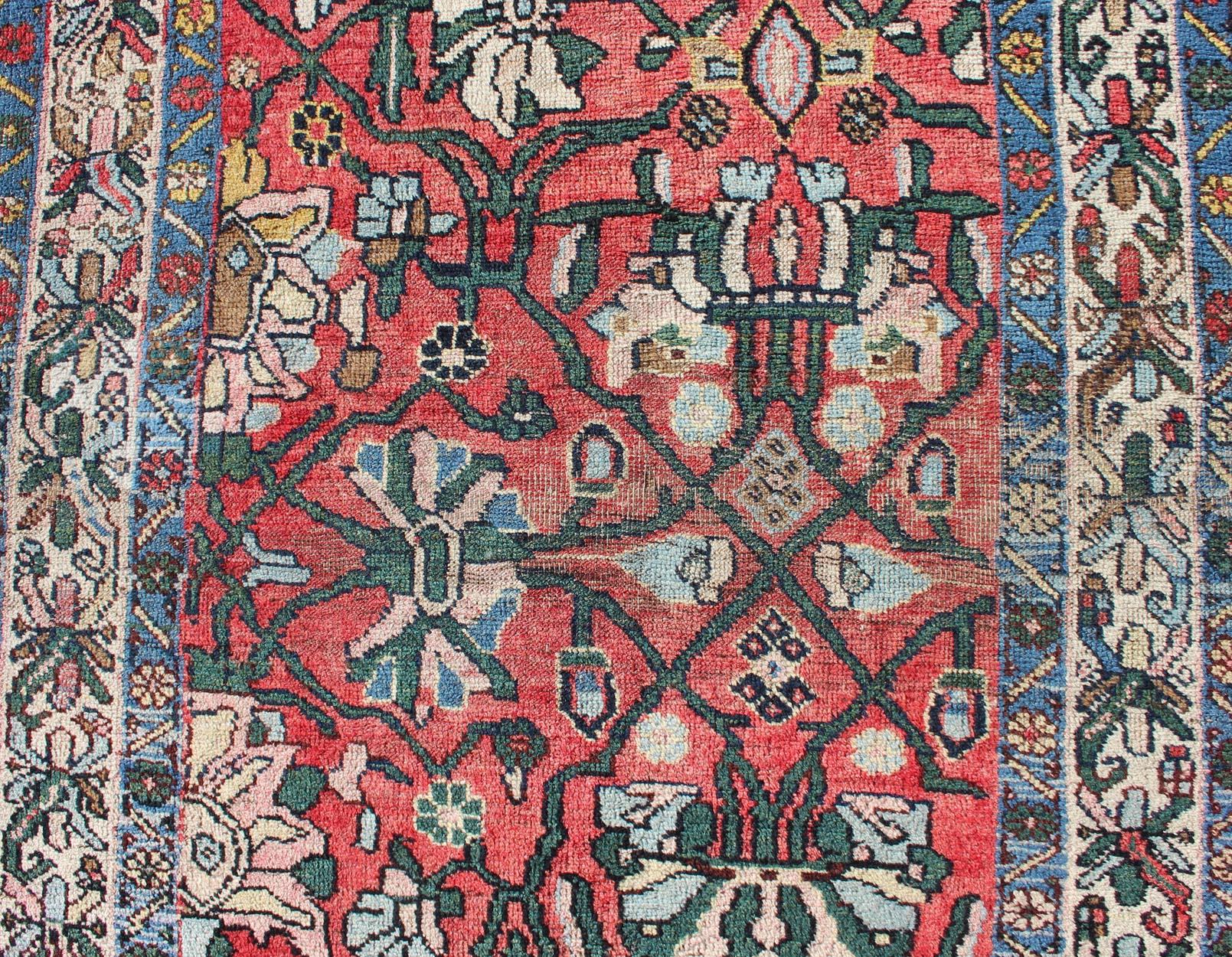 Antique Persian Bidjar Rug with Large Floral Motifs in Soft Red, Green & Blue For Sale 1