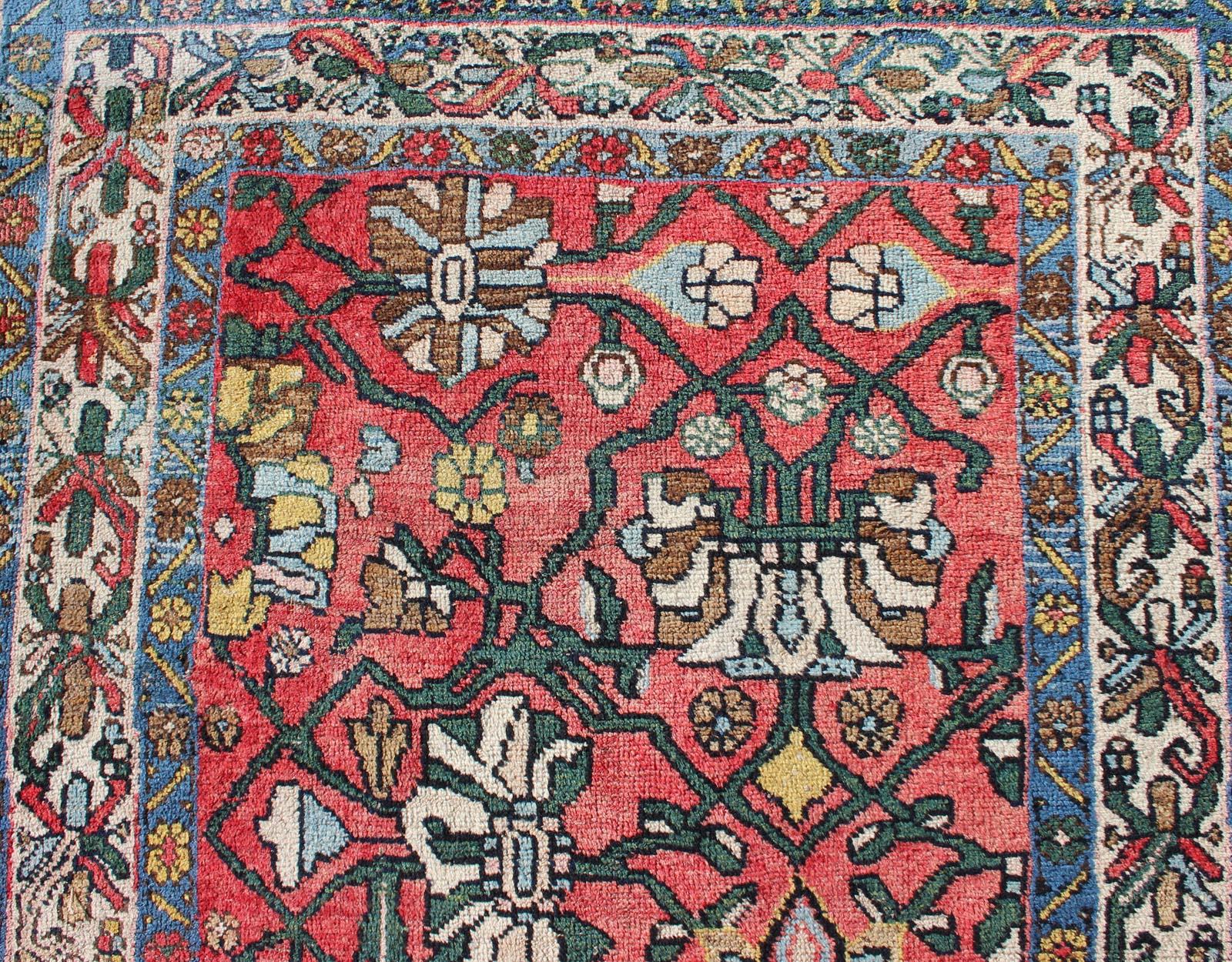Antique Persian Bidjar Rug with Large Floral Motifs in Soft Red, Green & Blue For Sale 2