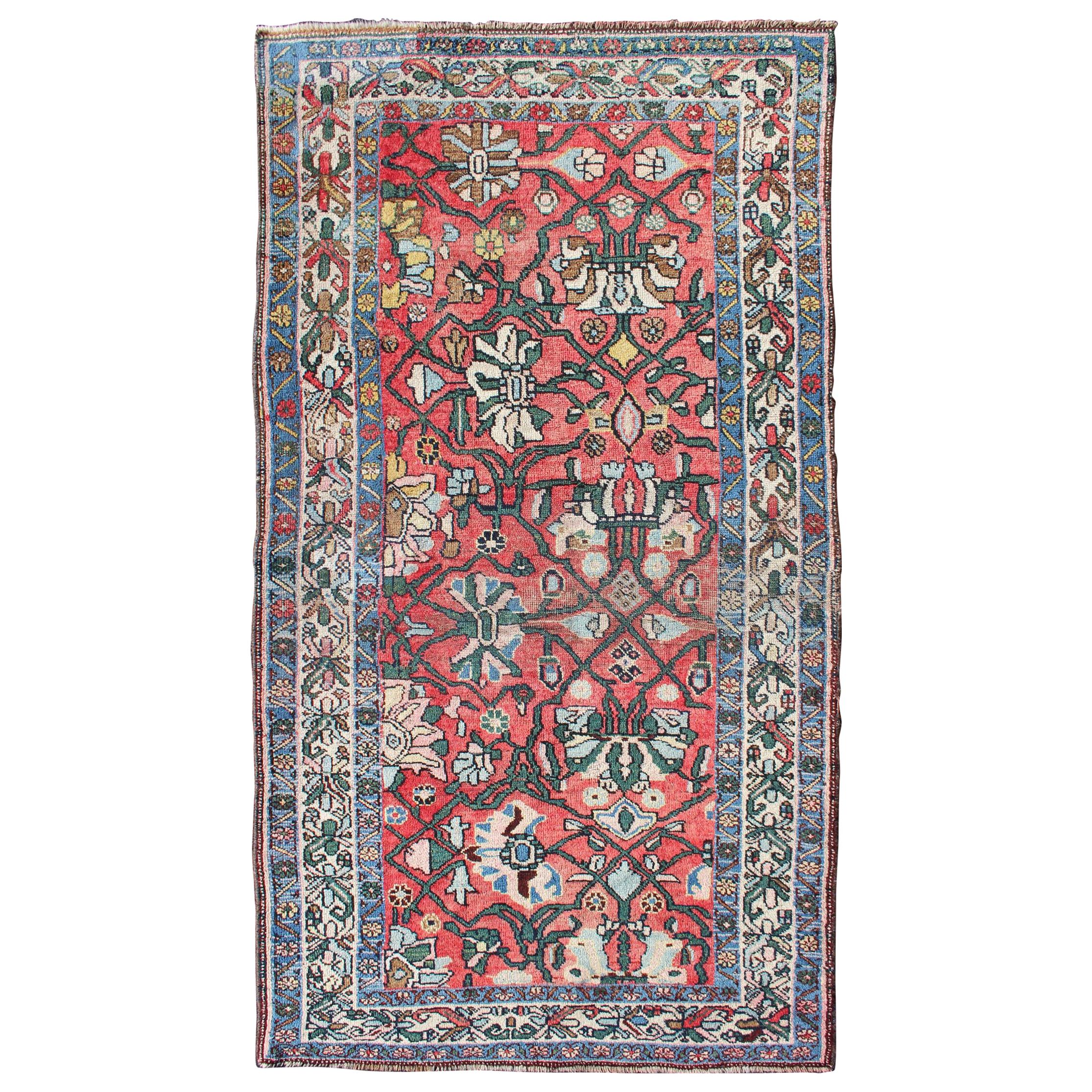 Antique Persian Bidjar Rug with Large Floral Motifs in Soft Red, Green & Blue