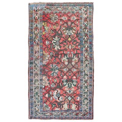 Antique Persian Bidjar Rug with Large Floral Motifs in Soft Red, Green & Blue