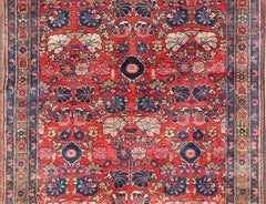 Antique Persian Bidjar Rug with Red Field and Bold Blue Floral Design