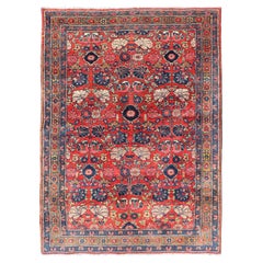 Antique Persian Bidjar Rug with Red Field and Bold Blue Floral Design
