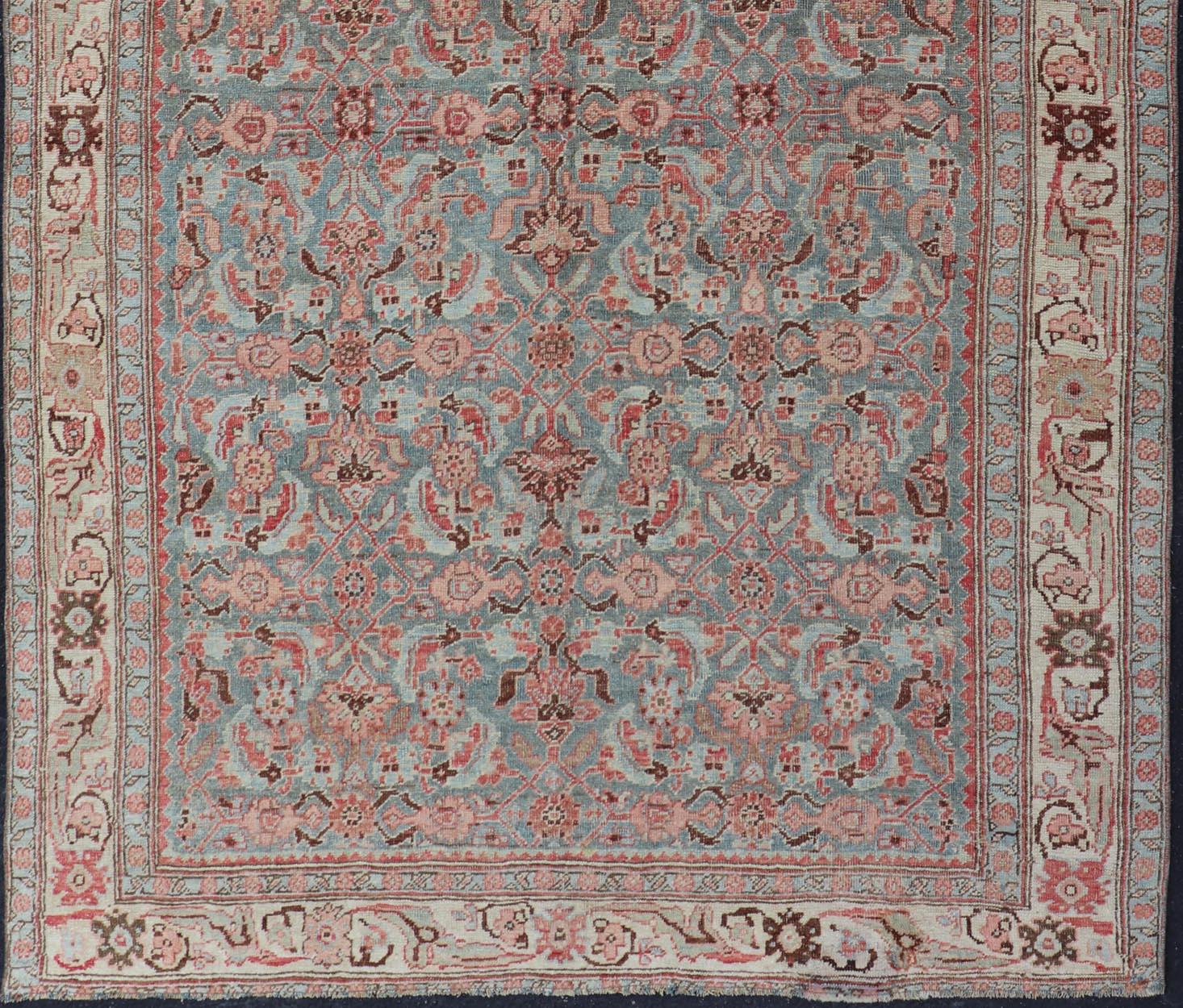 Sultanabad Antique Persian Bidjar Rug with Tribal Herati Design in Light Blue & Soft Coral
