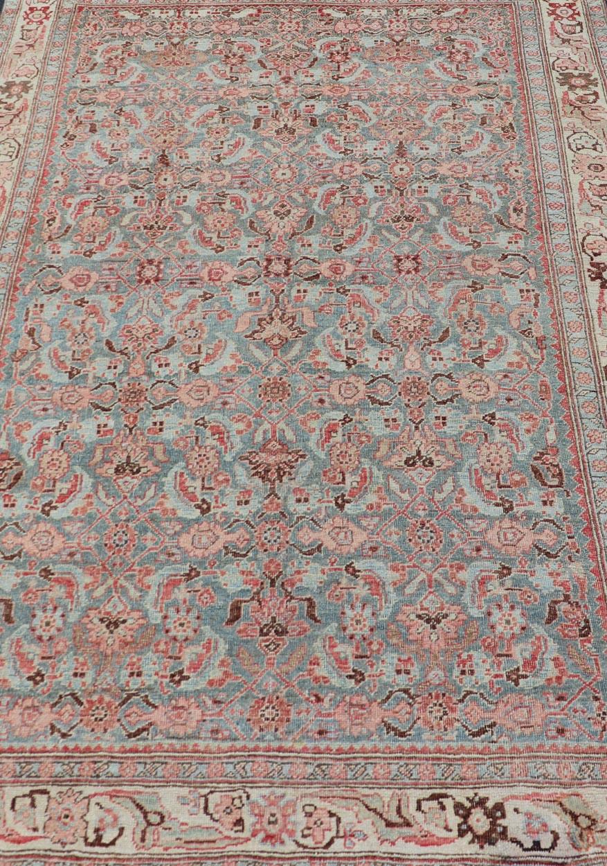 Hand-Knotted Antique Persian Bidjar Rug with Tribal Herati Design in Light Blue & Soft Coral