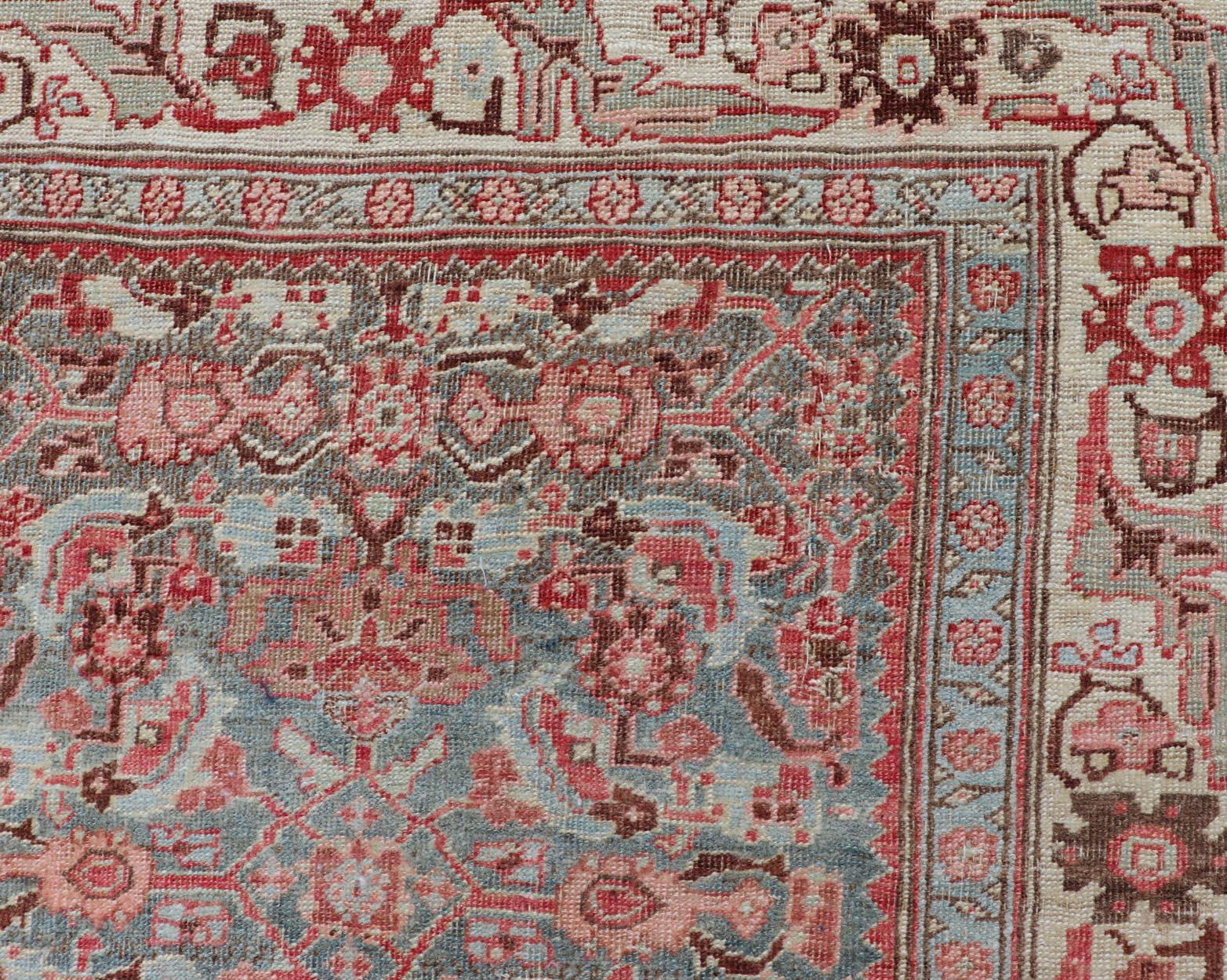 Wool Antique Persian Bidjar Rug with Tribal Herati Design in Light Blue & Soft Coral