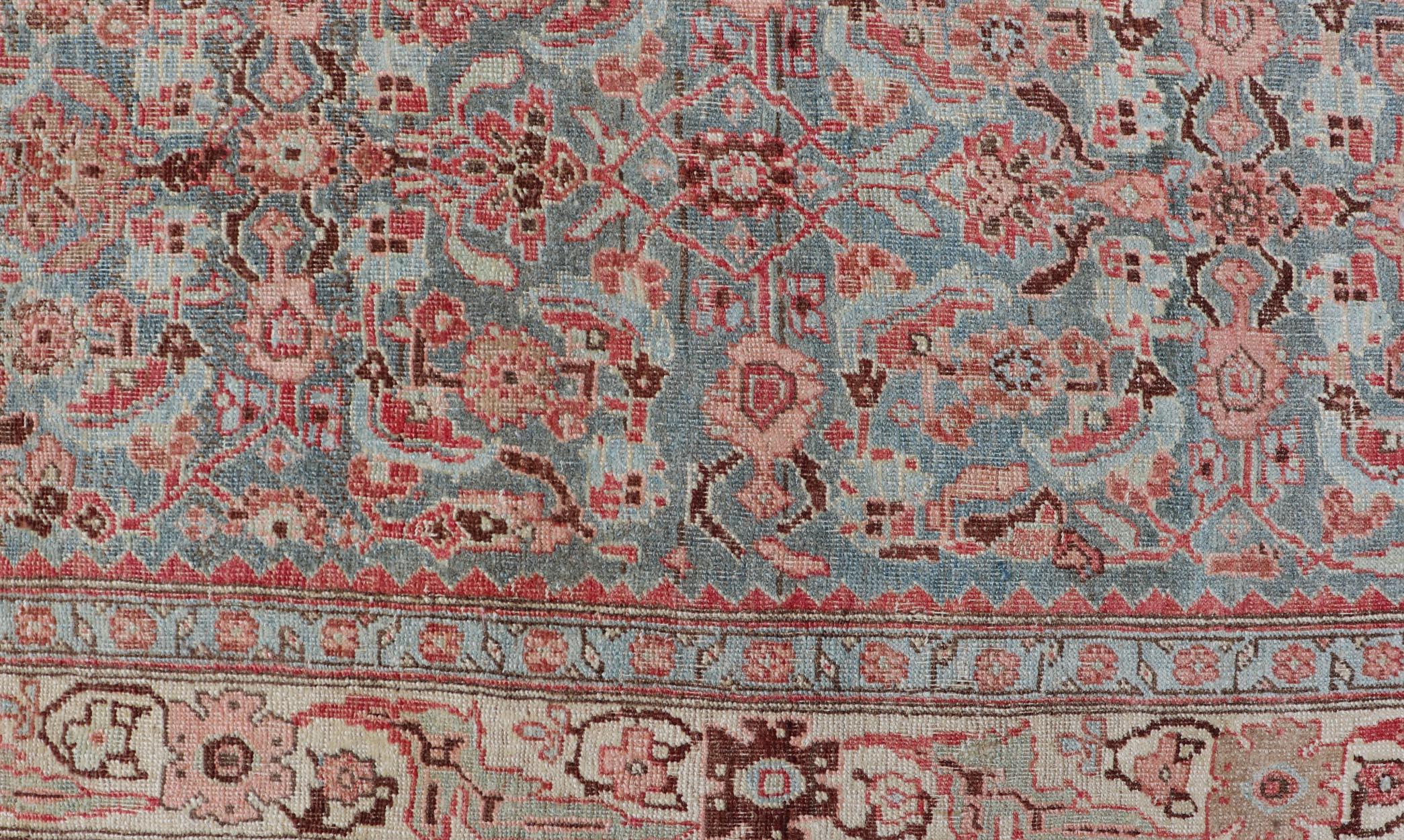 Antique Persian Bidjar Rug with Tribal Herati Design in Light Blue & Soft Coral 1