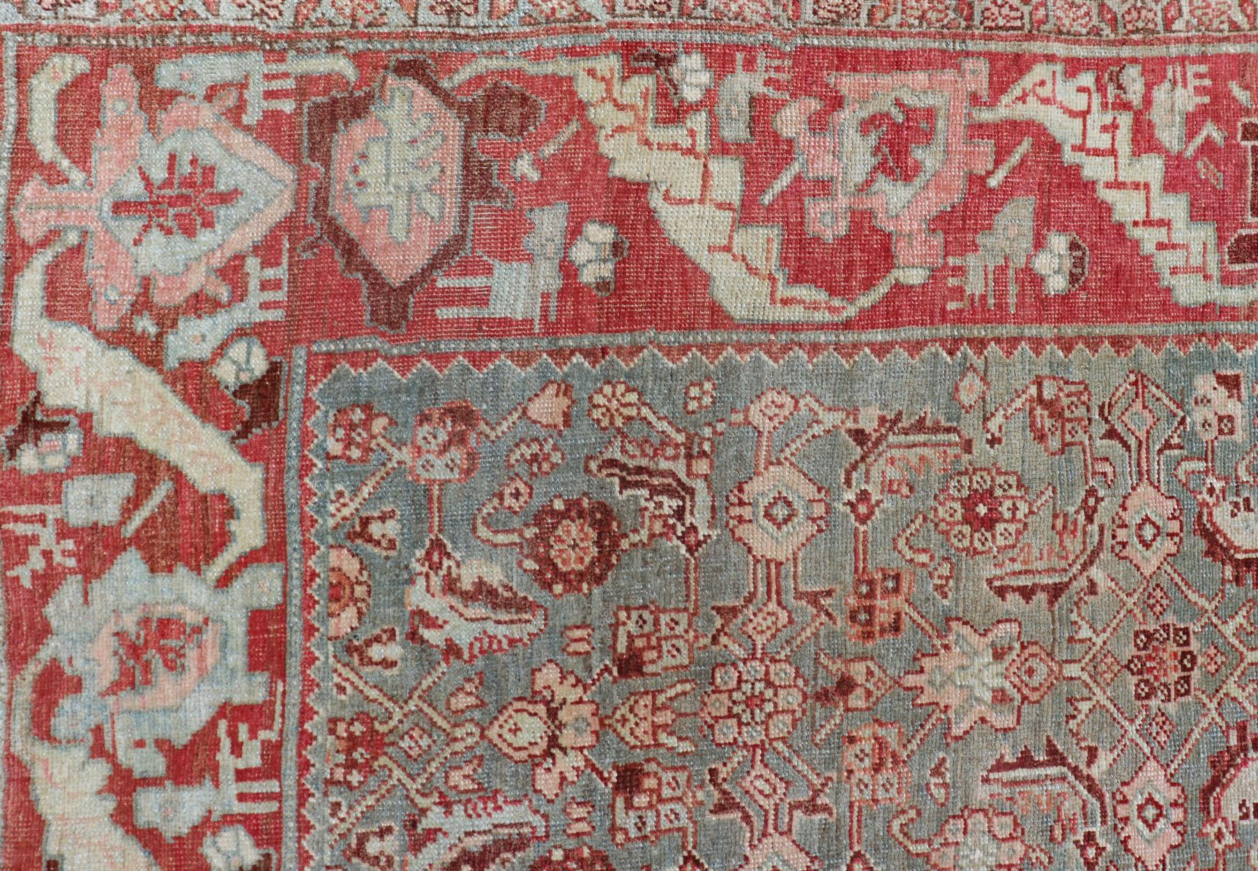 Malayer Antique Persian Bidjar Rug with Tribal Herati Design in Light Blue & Soft Red For Sale