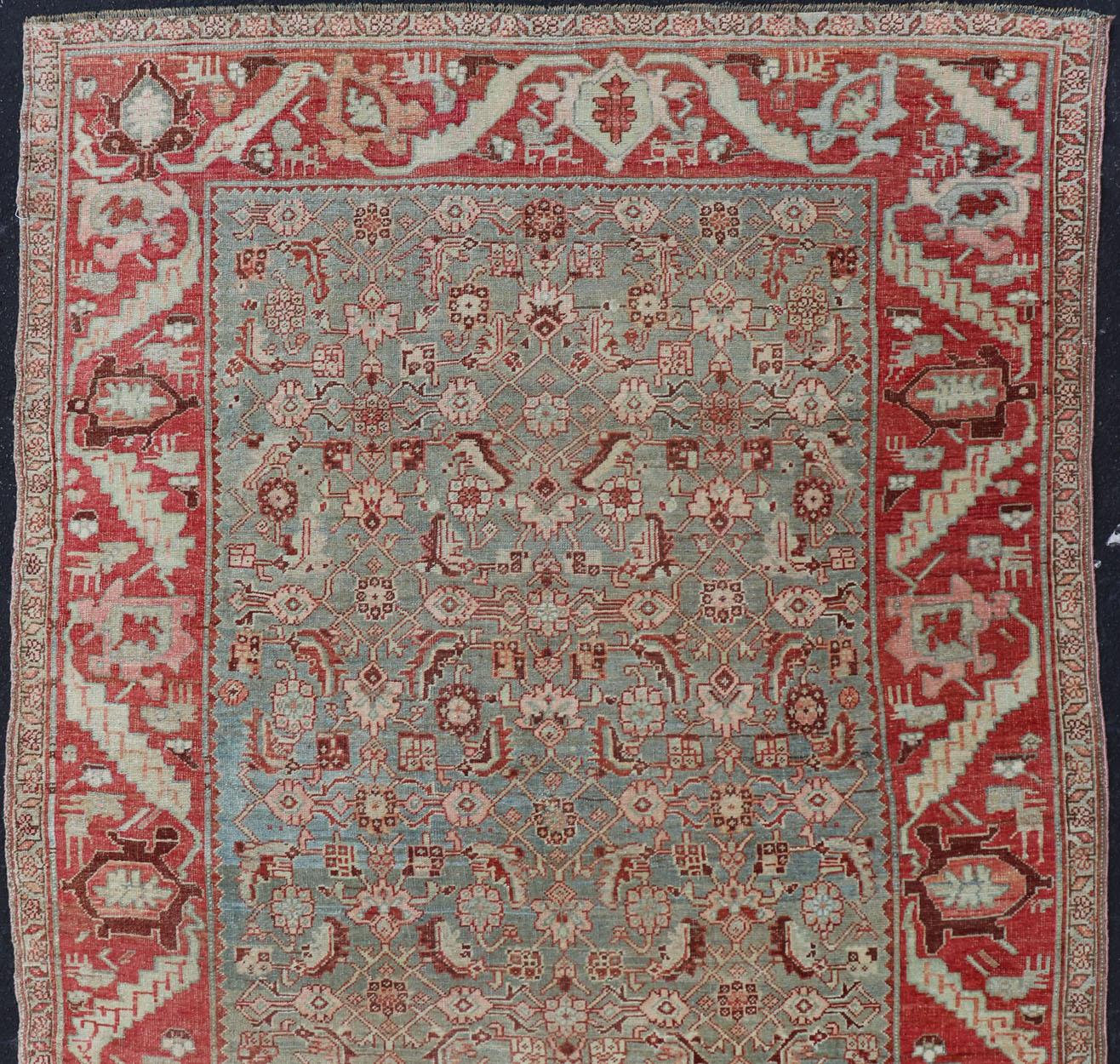 Hand-Knotted Antique Persian Bidjar Rug with Tribal Herati Design in Light Blue & Soft Red For Sale