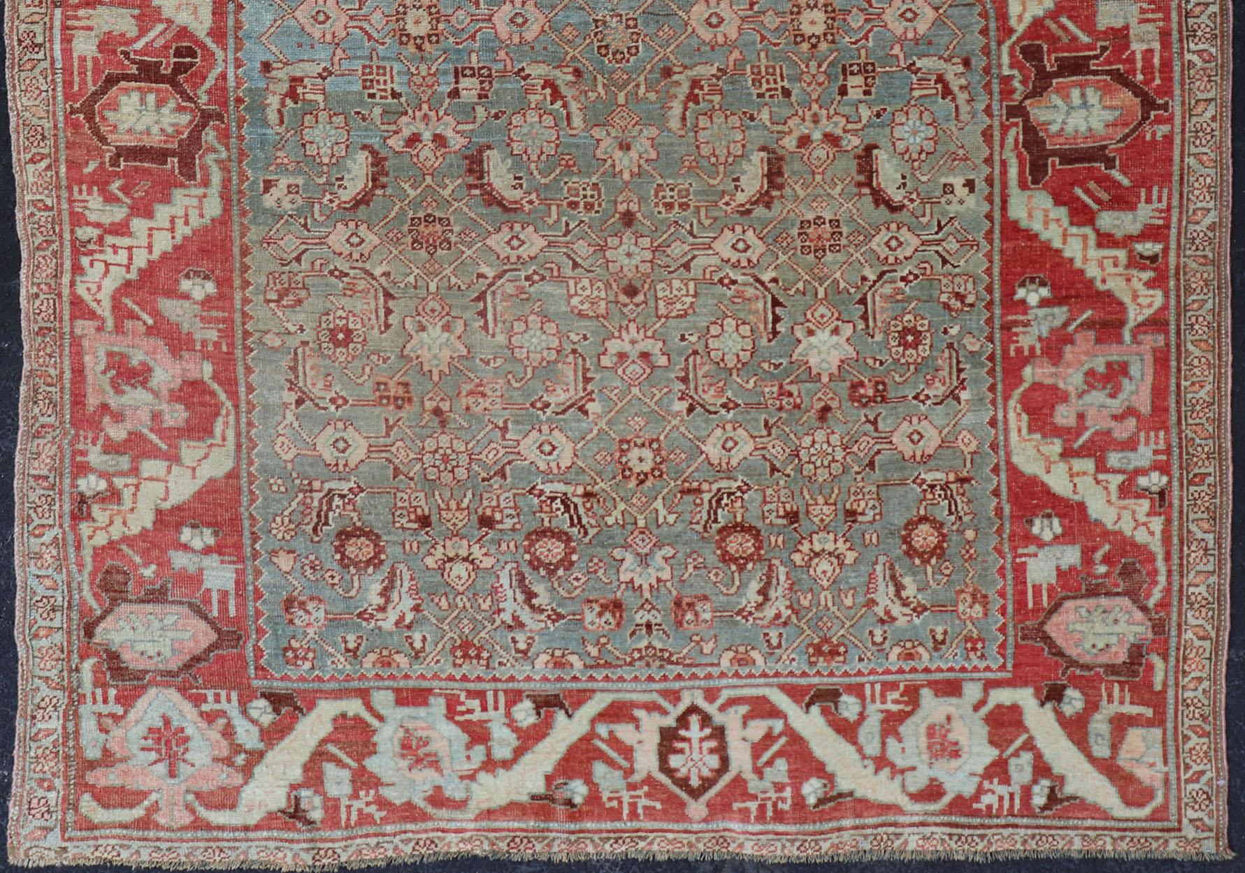 Early 20th Century Antique Persian Bidjar Rug with Tribal Herati Design in Light Blue & Soft Red For Sale