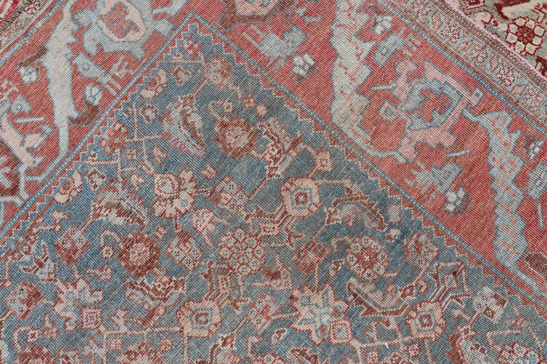 Wool Antique Persian Bidjar Rug with Tribal Herati Design in Light Blue & Soft Red For Sale