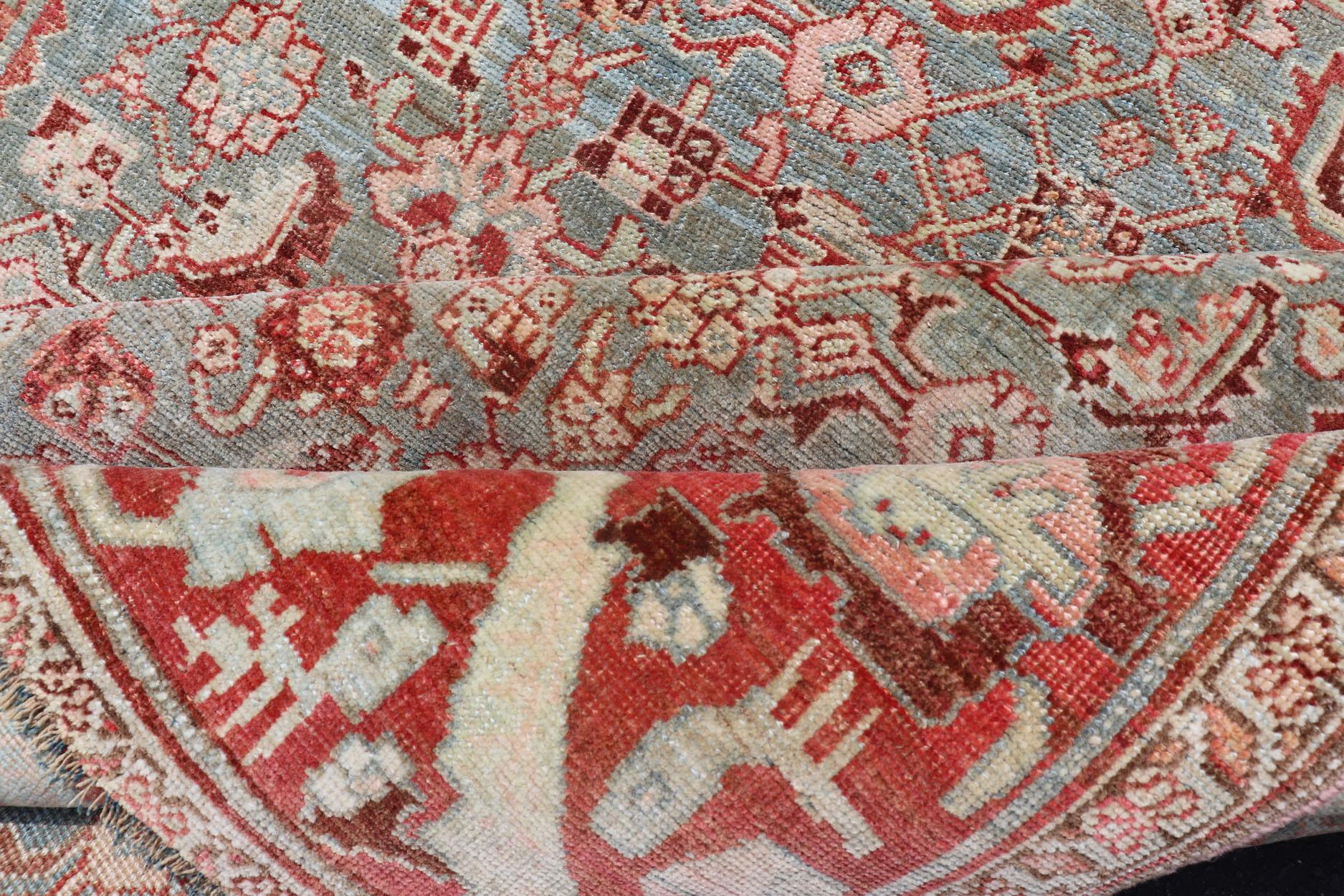 Antique Persian Bidjar Rug with Tribal Herati Design in Light Blue & Soft Red For Sale 1