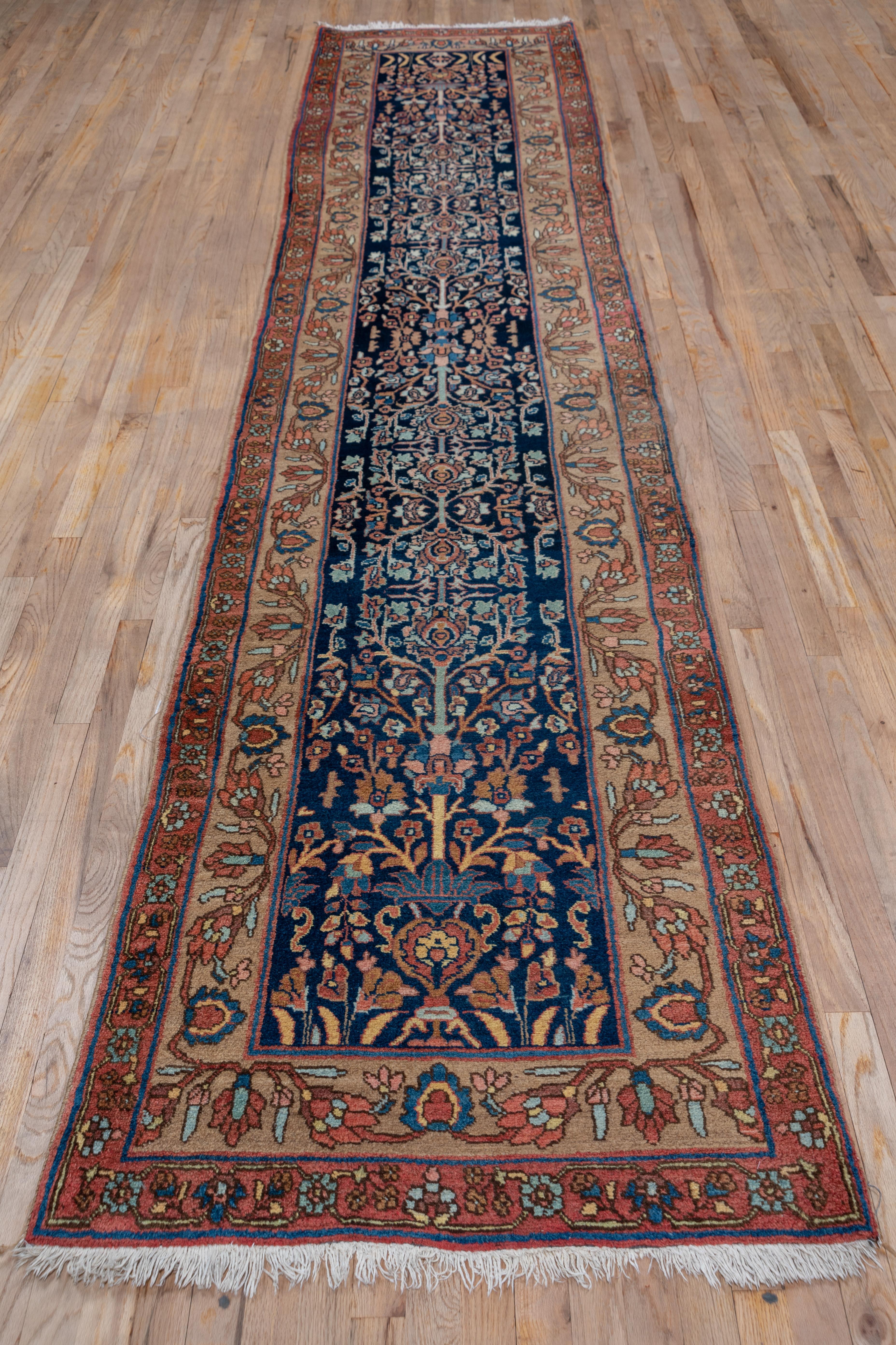 Early 20th Century Antique Persian Bidjar Runner, Navy Field, Pink & Coral Borders, Circa 1920s For Sale