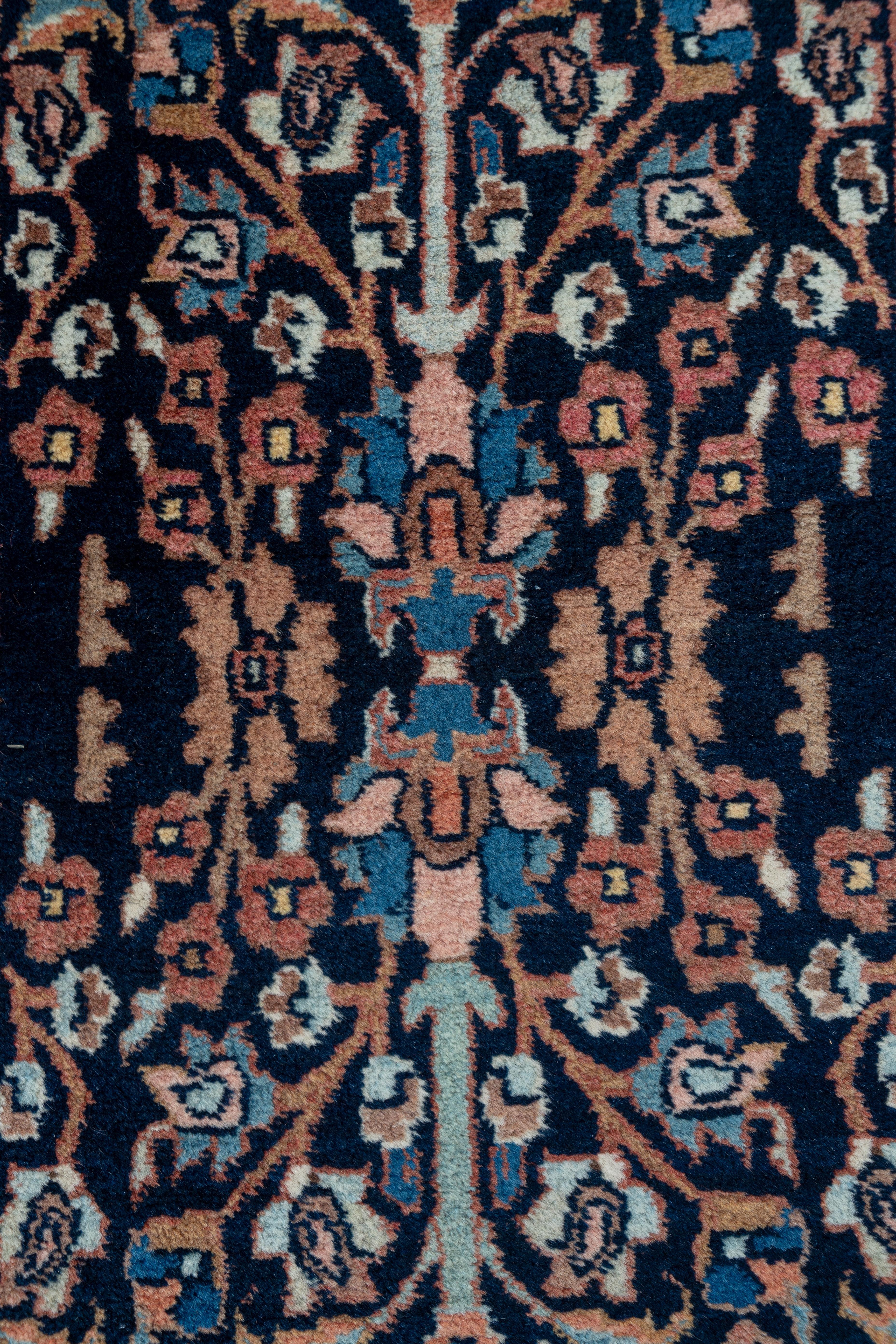 Wool Antique Persian Bidjar Runner, Navy Field, Pink & Coral Borders, Circa 1920s For Sale
