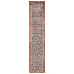 Antique Persian Bidjar Runner with Geometric Design in Red, Blue, Coral, Khaki