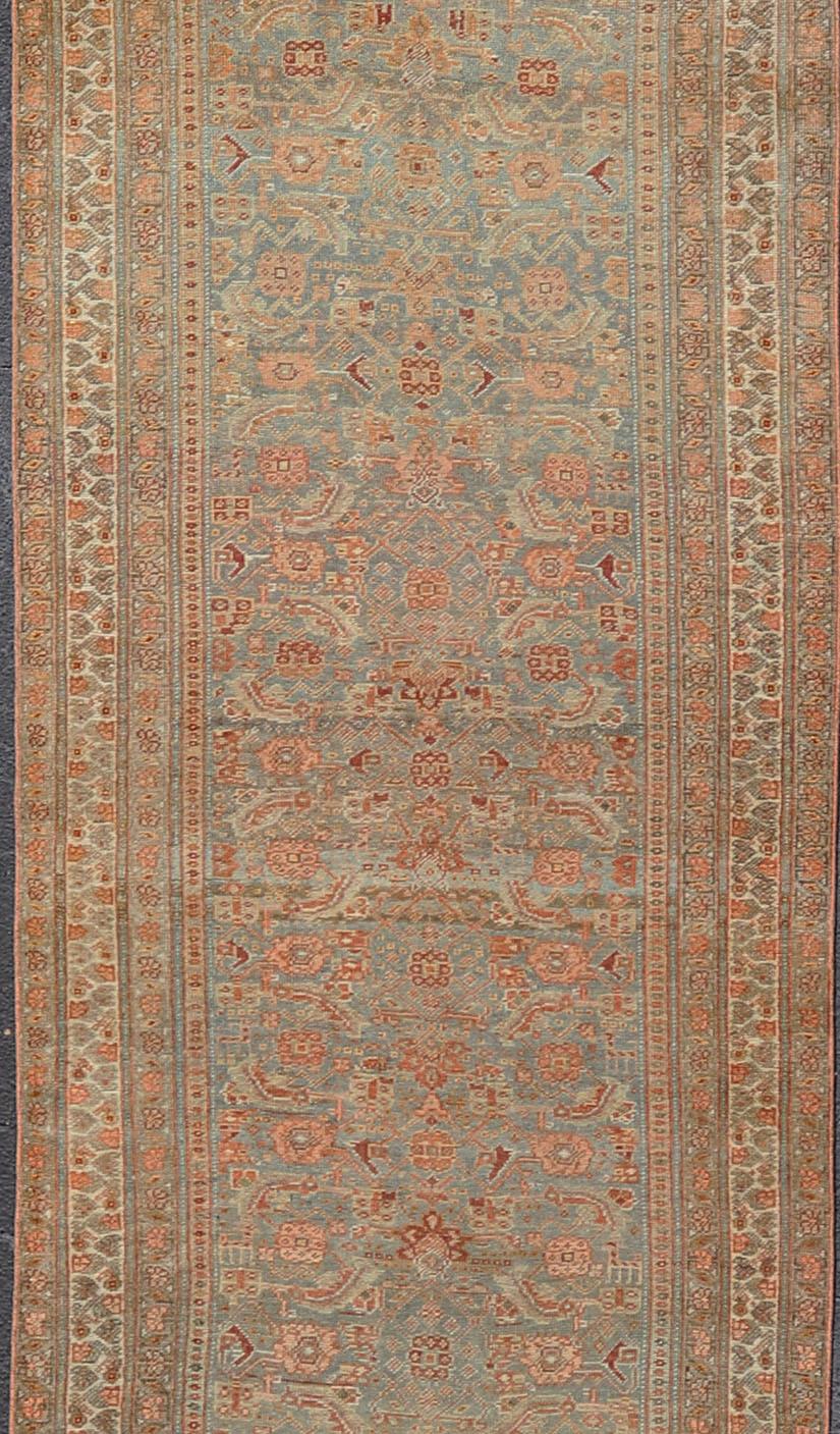 Hand-Knotted Antique Persian Bidjar Runner with Herati Design in Lt. Blue, Lt. Gray & Red For Sale