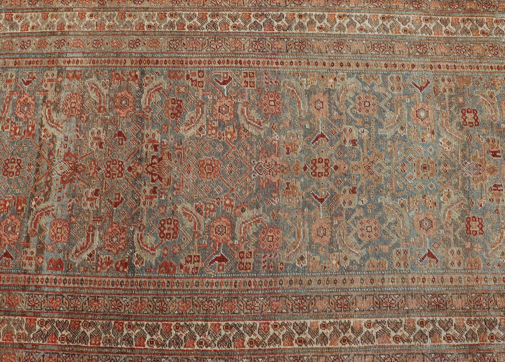 Antique Persian Bidjar Runner with Herati Design in Lt. Blue, Lt. Gray & Red For Sale 2