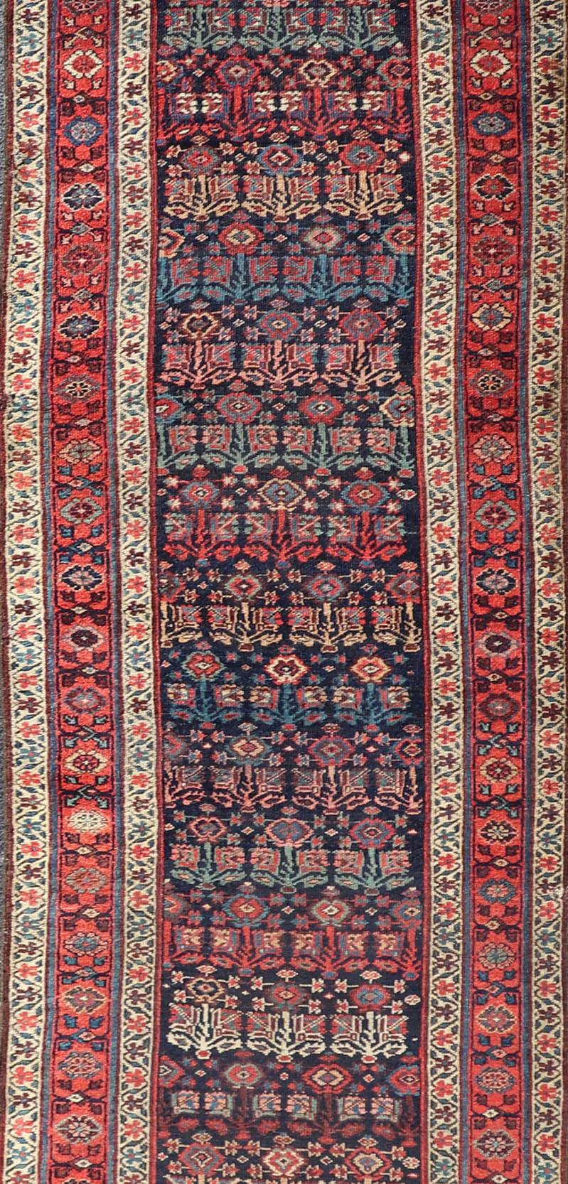 Antique Persian Bidjar Runner with Sub-Geometric Motifs in Red and Blue For Sale 3
