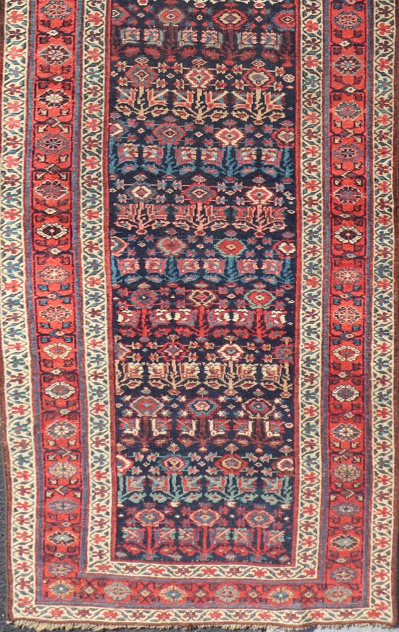 Antique Persian Bidjar Runner with Sub-Geometric Motifs in Red and Blue For Sale 4
