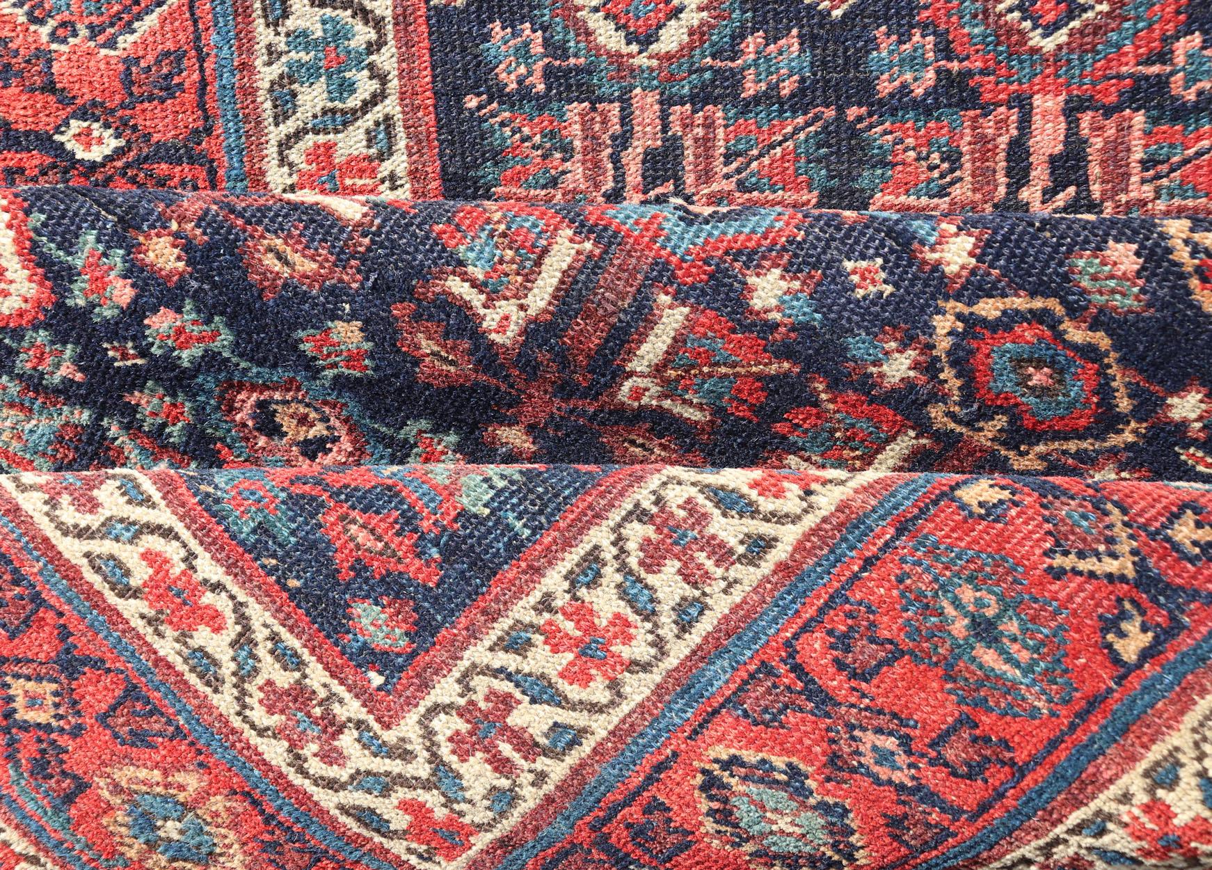 Antique Persian Bidjar Runner with Sub-Geometric Motifs in Red and Blue For Sale 5